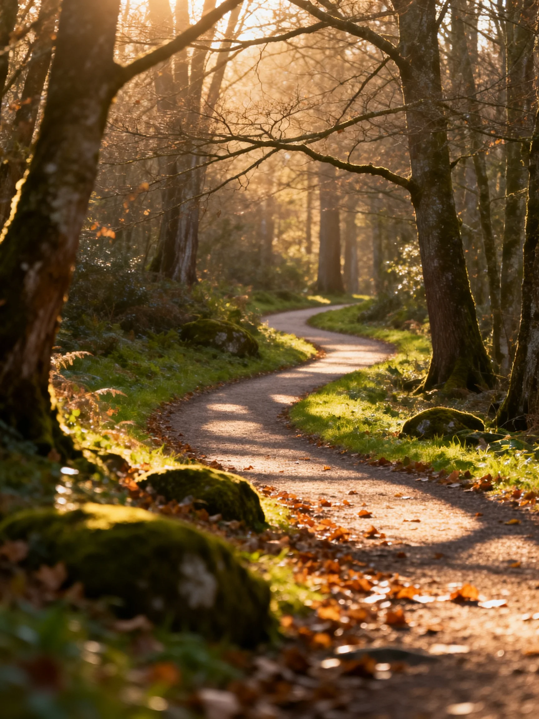 A sun-dappled forest path winds through tall trees near mossy rocks