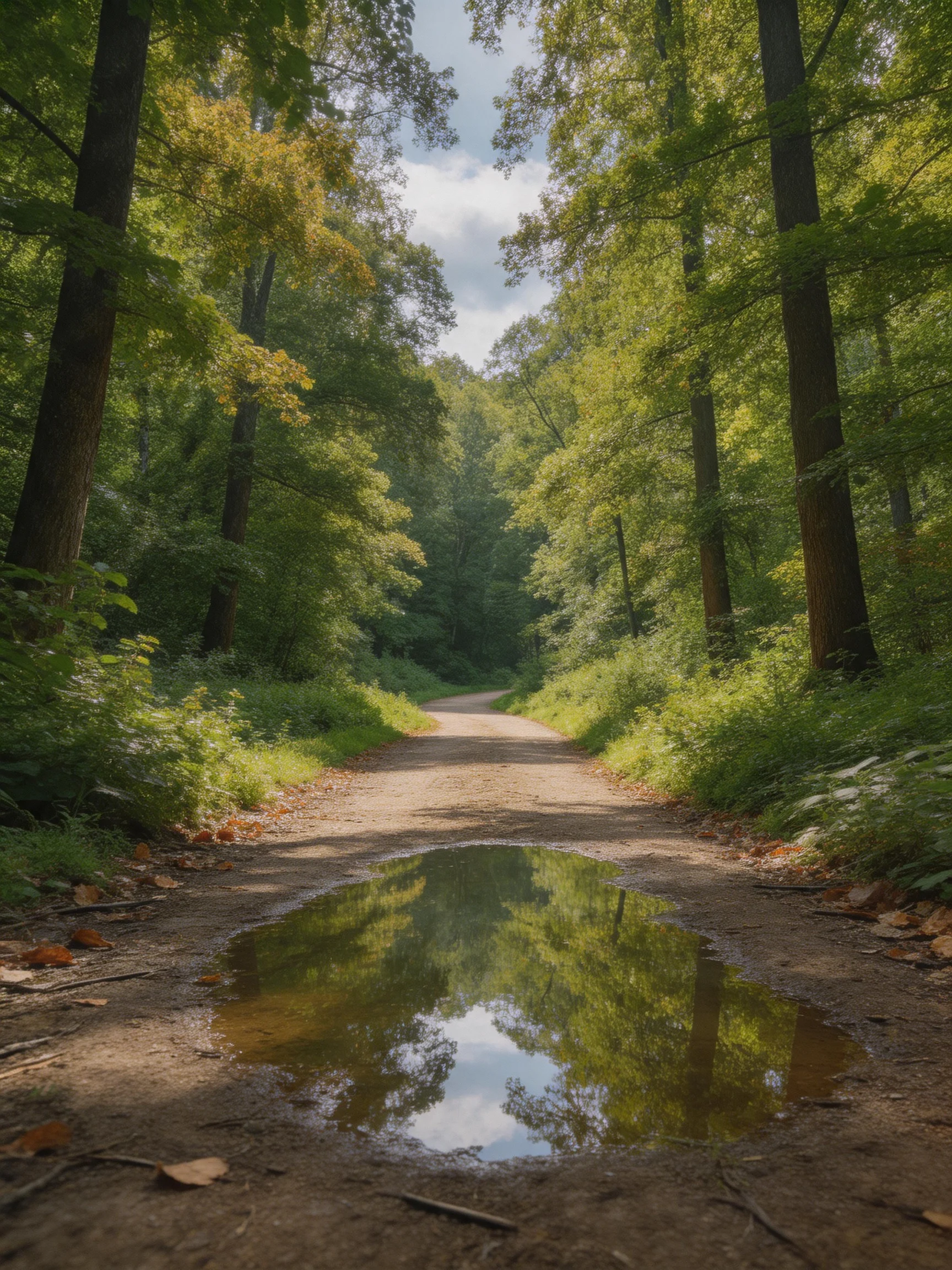 A sun-dappled forest path with a large reflective puddle