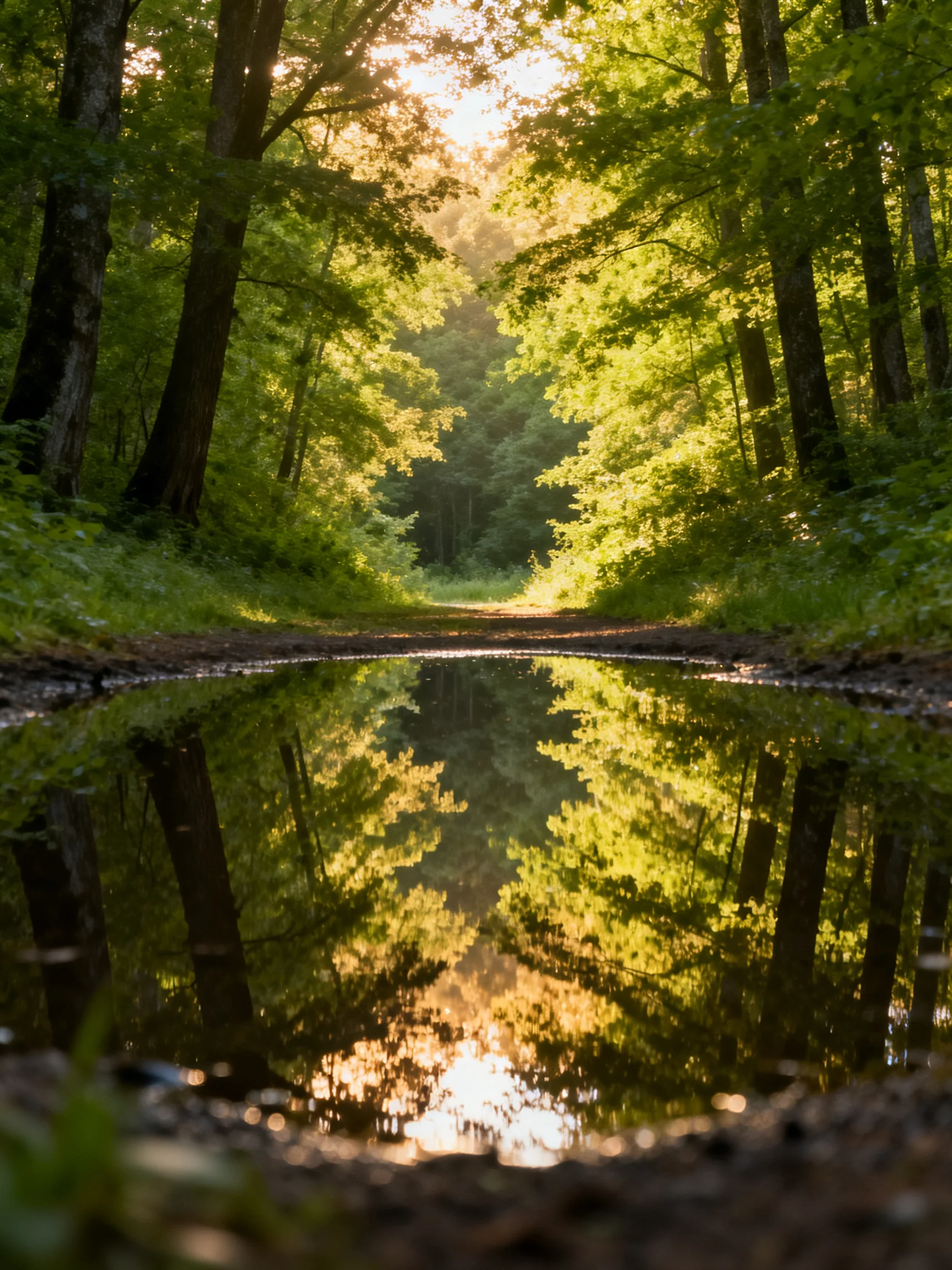 A sun-dappled forest path with a reflective water puddle