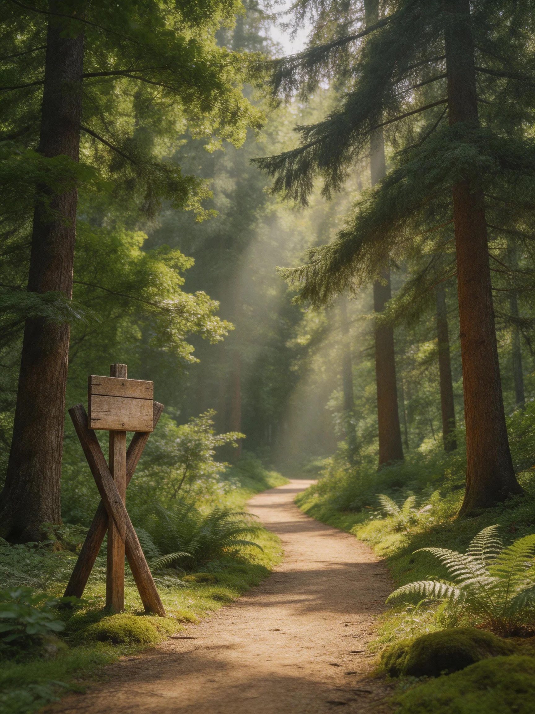 A sun-dappled forest path with a wooden signpost and lush greenery