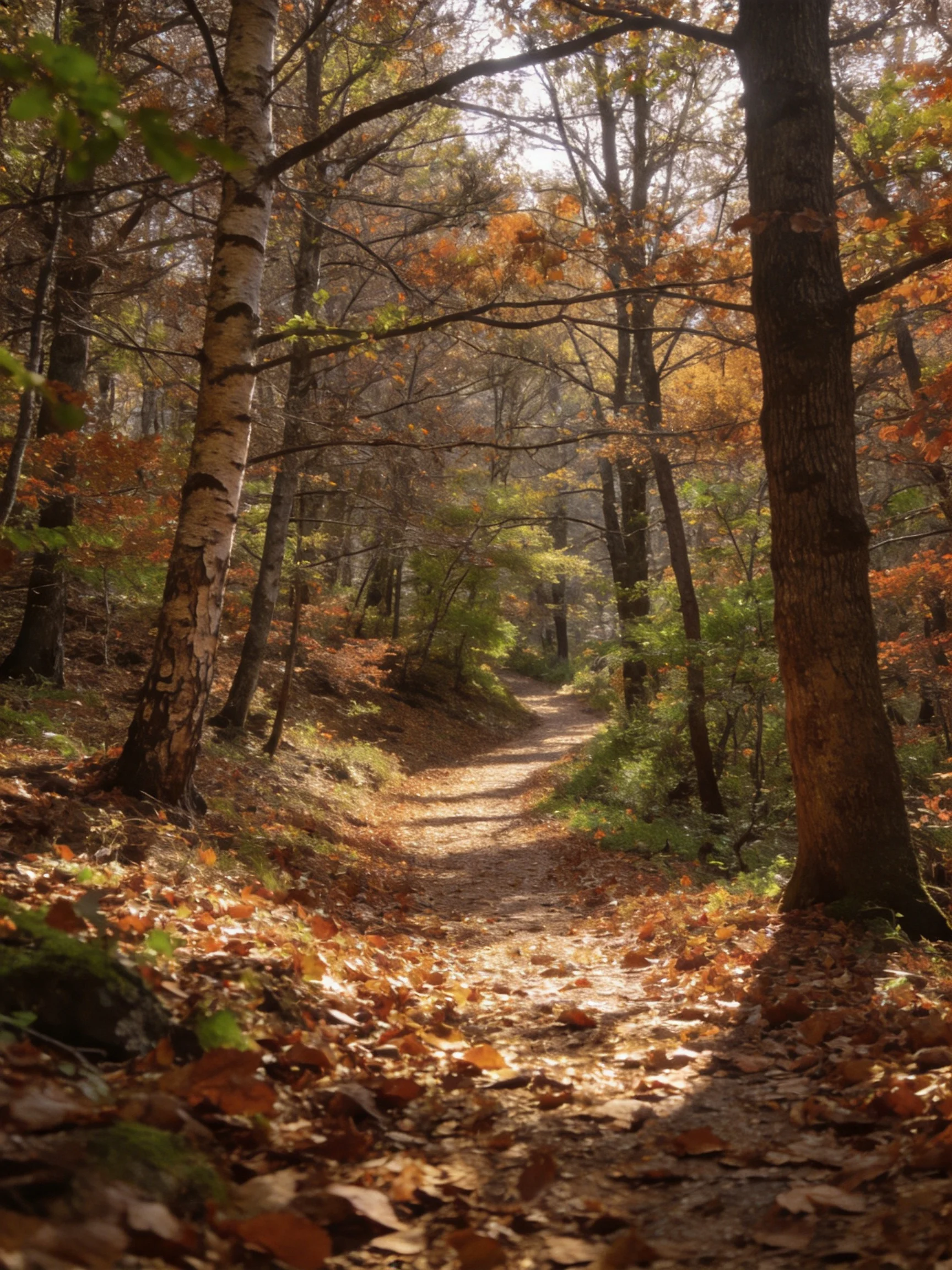 A sun-dappled forest path with autumn foliage and tall trees