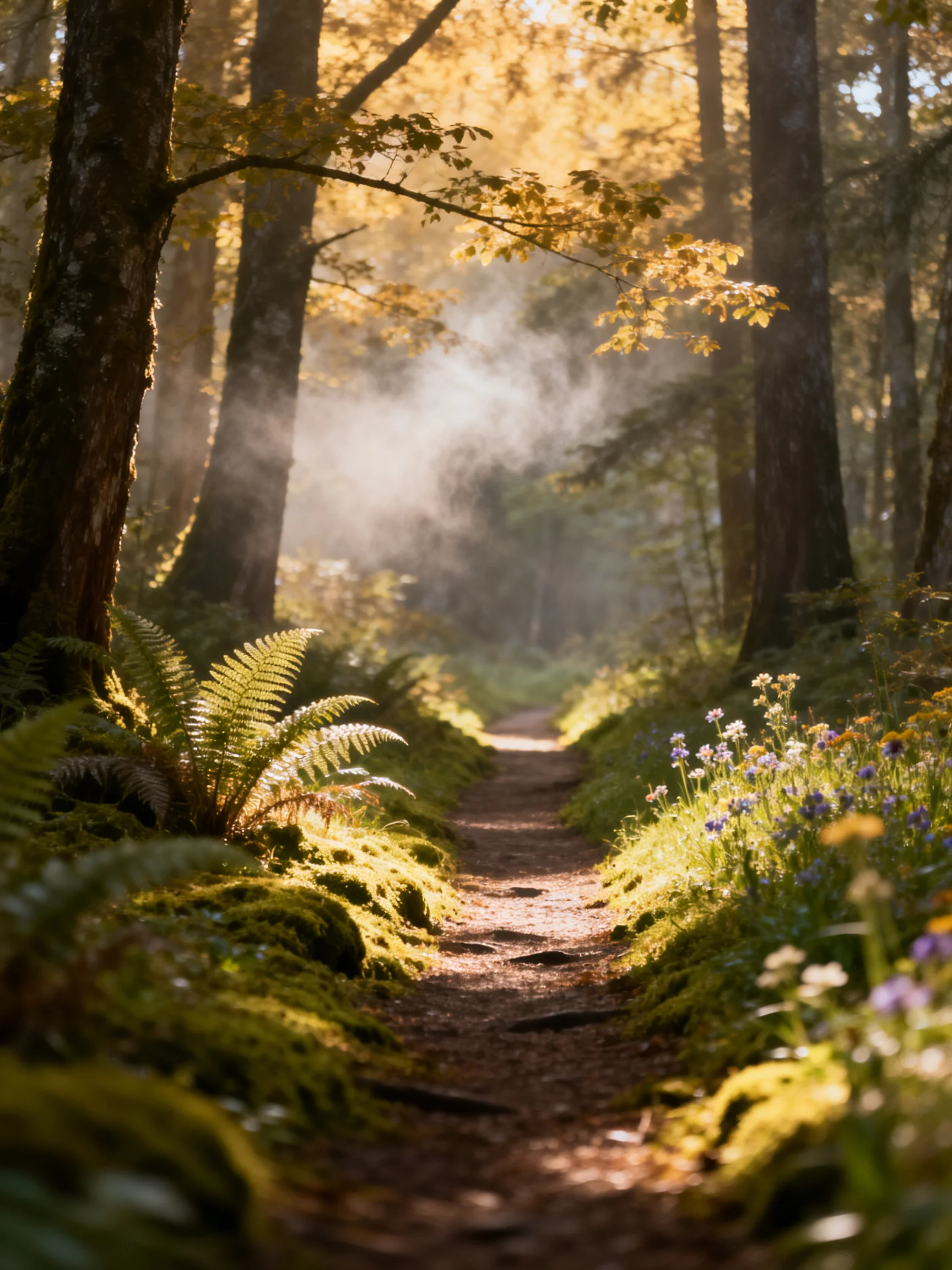 A sun-dappled forest path with ferns, wildflowers, and morning mist