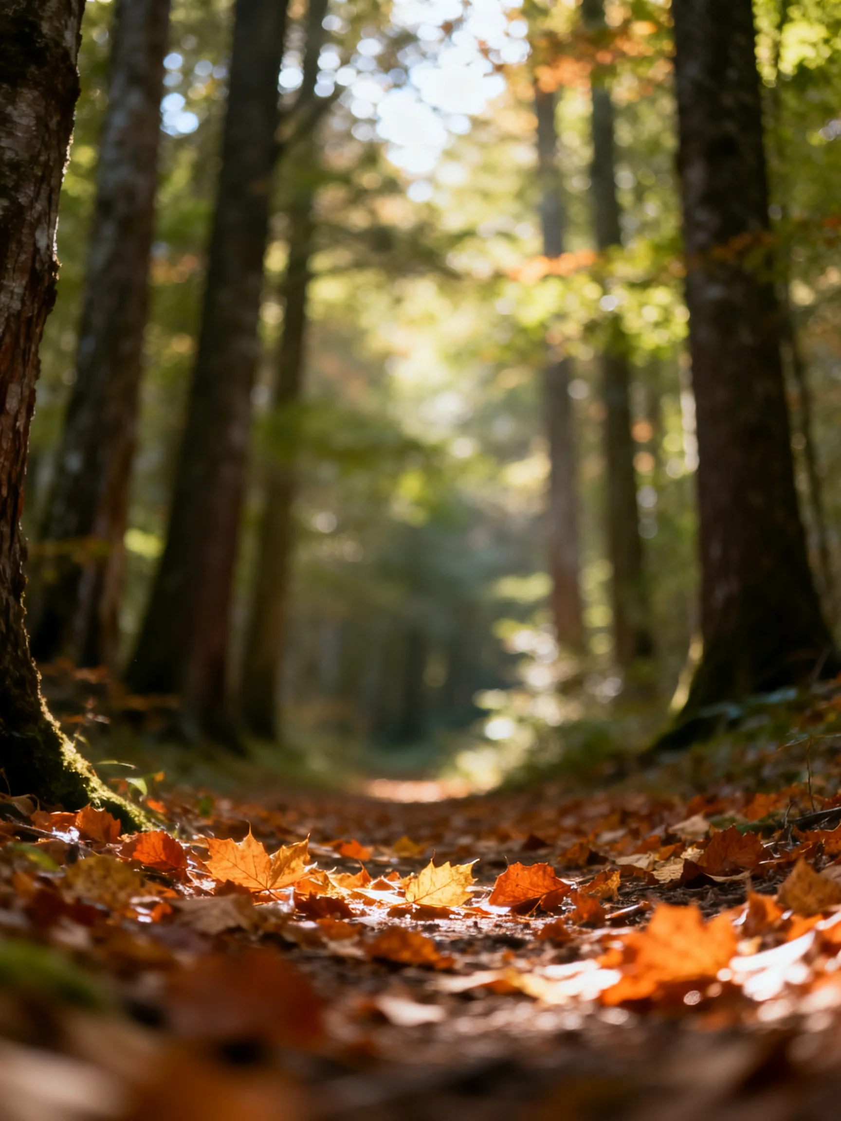 A sun-dappled forest path with golden autumn leaves among tall trees
