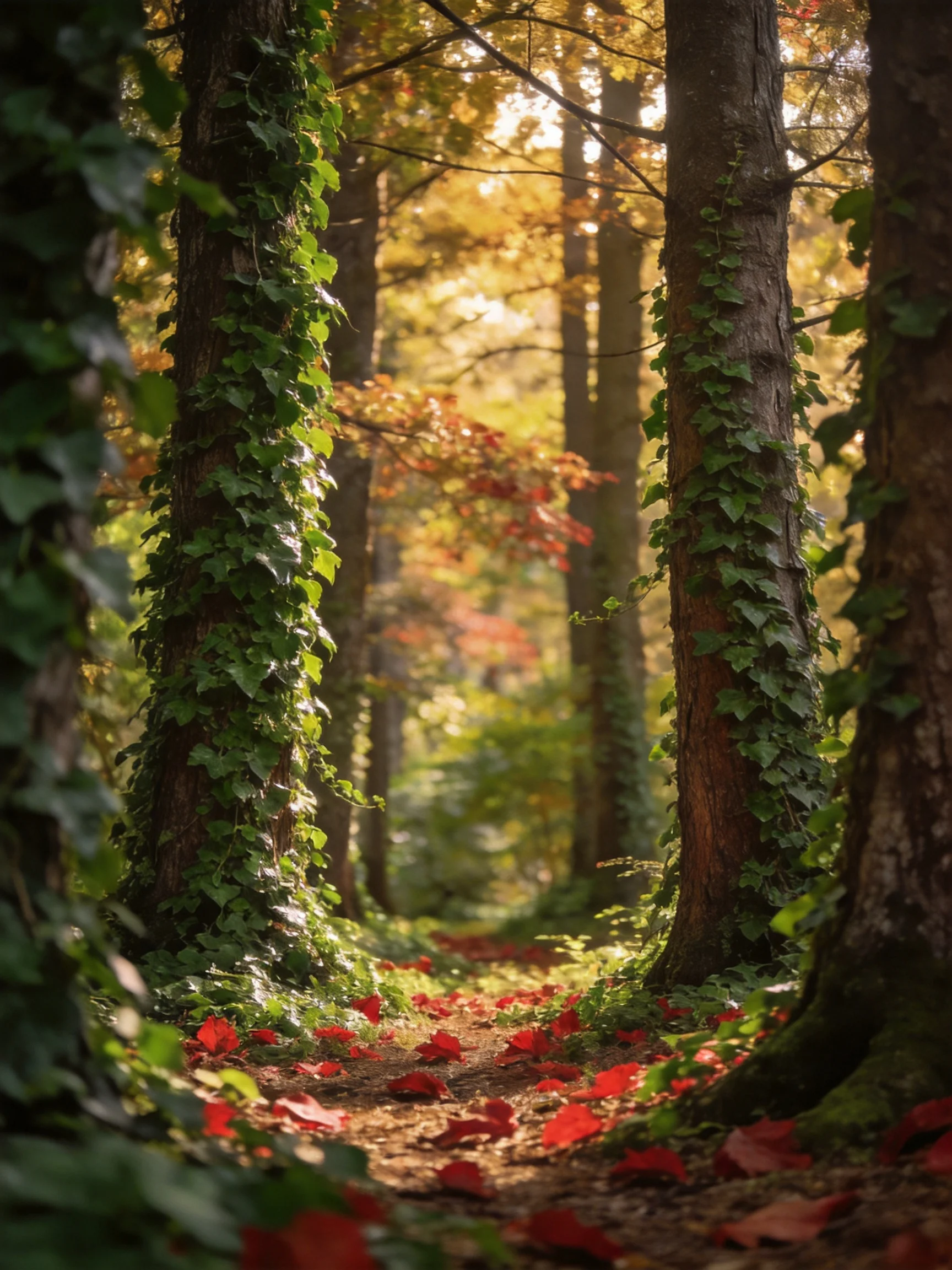 A sun-dappled forest path with ivy-covered trees and red fallen leaves
