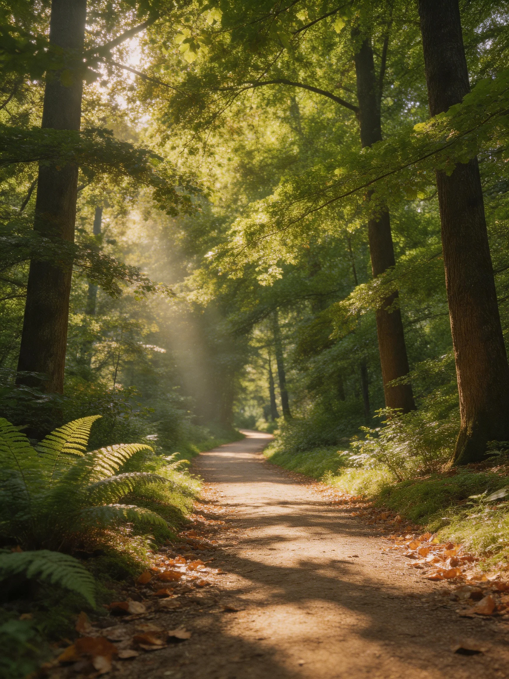 A sun-dappled forest path with lush greenery and golden light