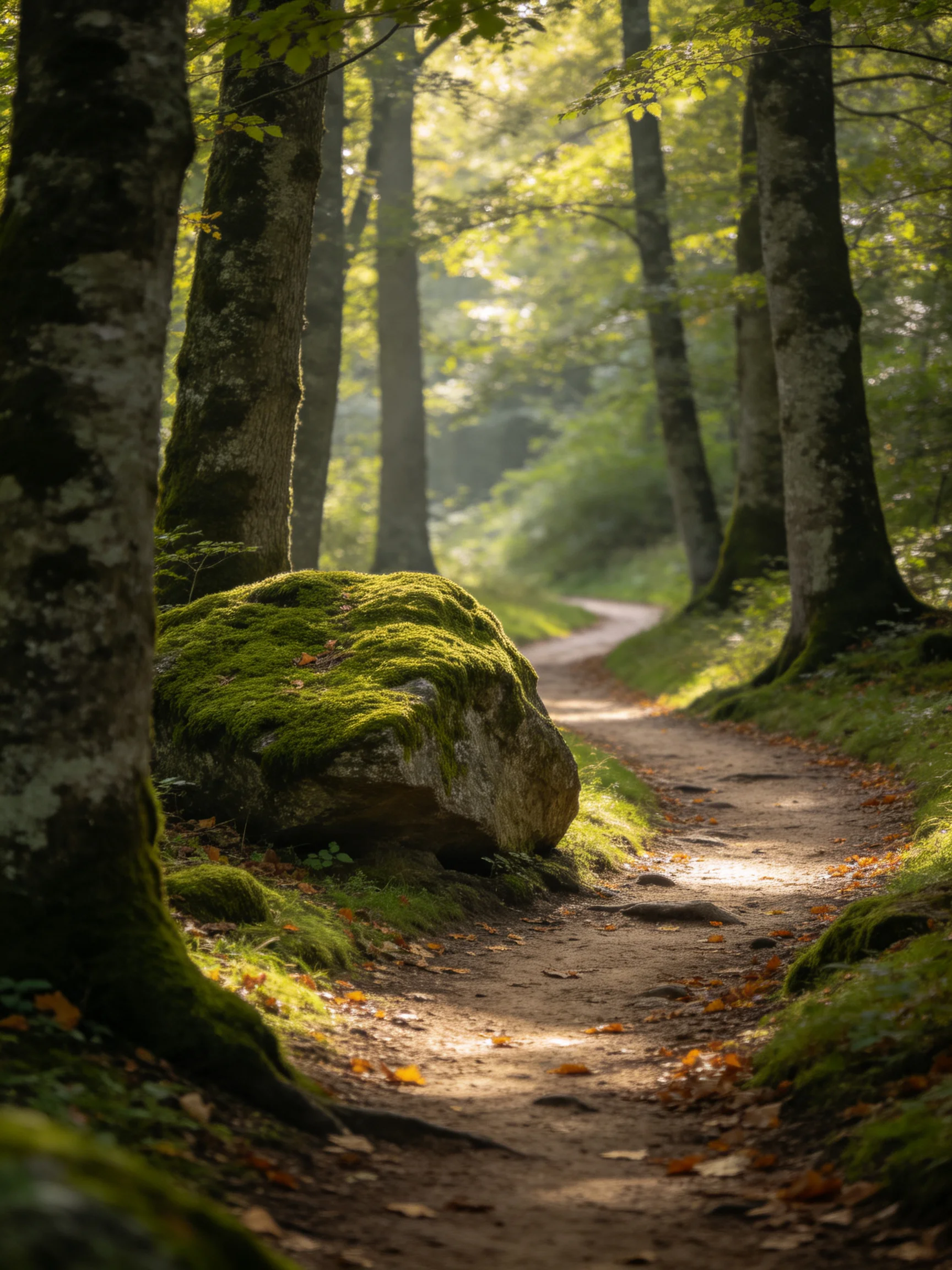 A sun-dappled forest path with moss-covered boulders and tall trees