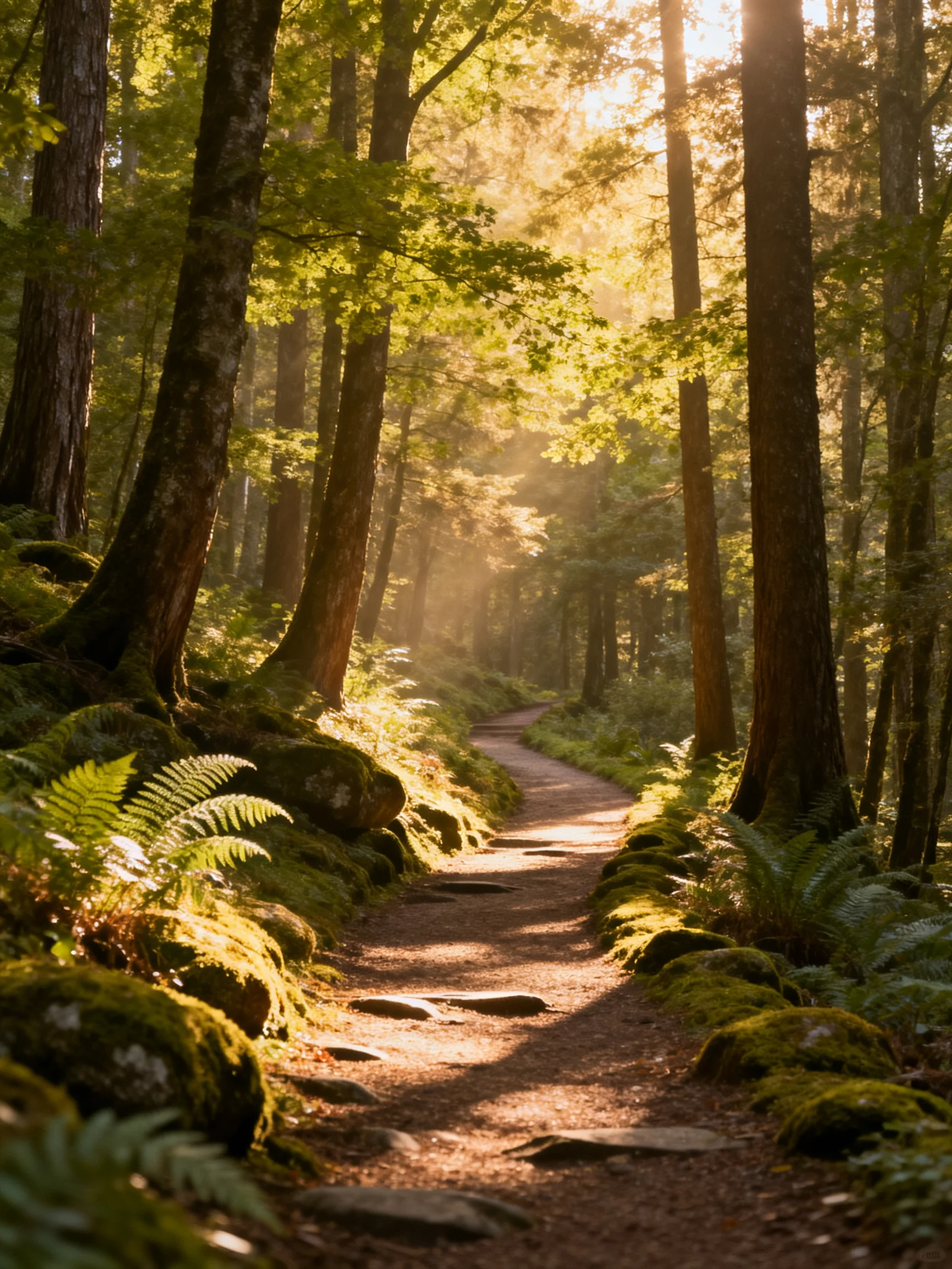 A sun-dappled forest path with mossy rocks and tall trees