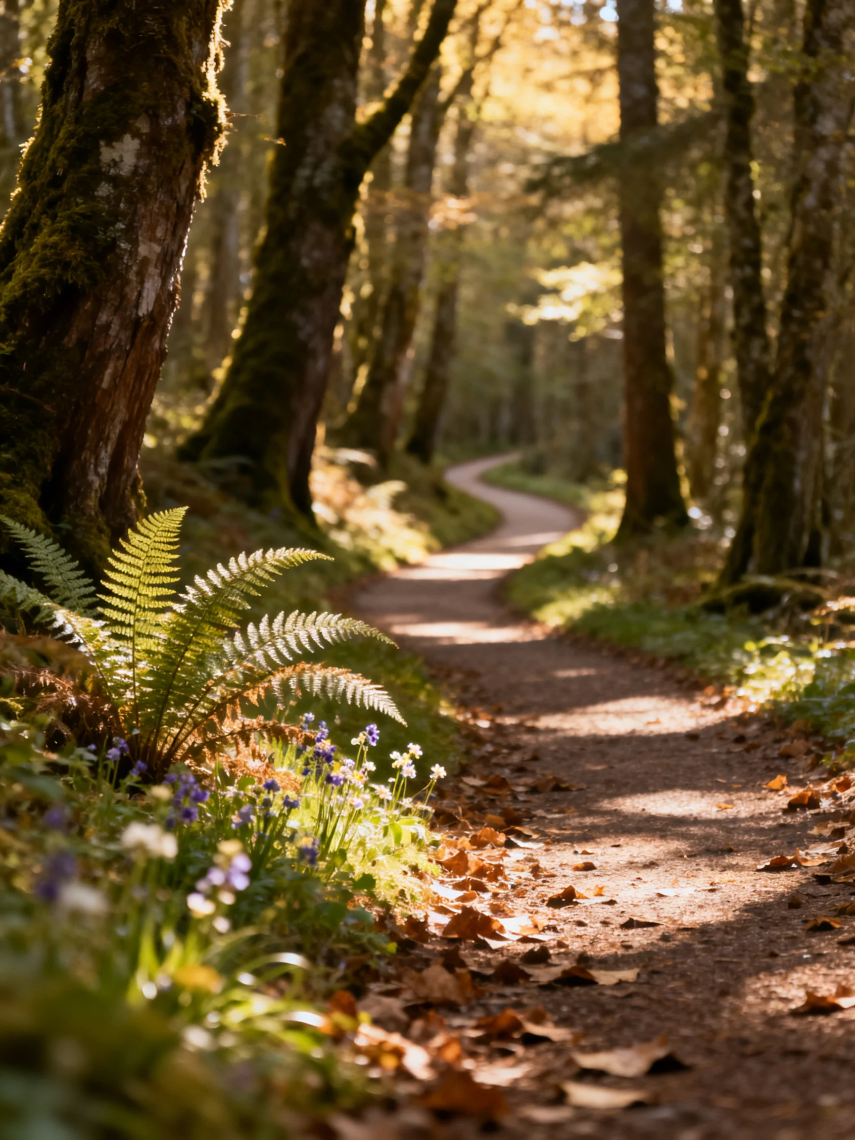 A sun-dappled forest path with mossy trees and wildflowers