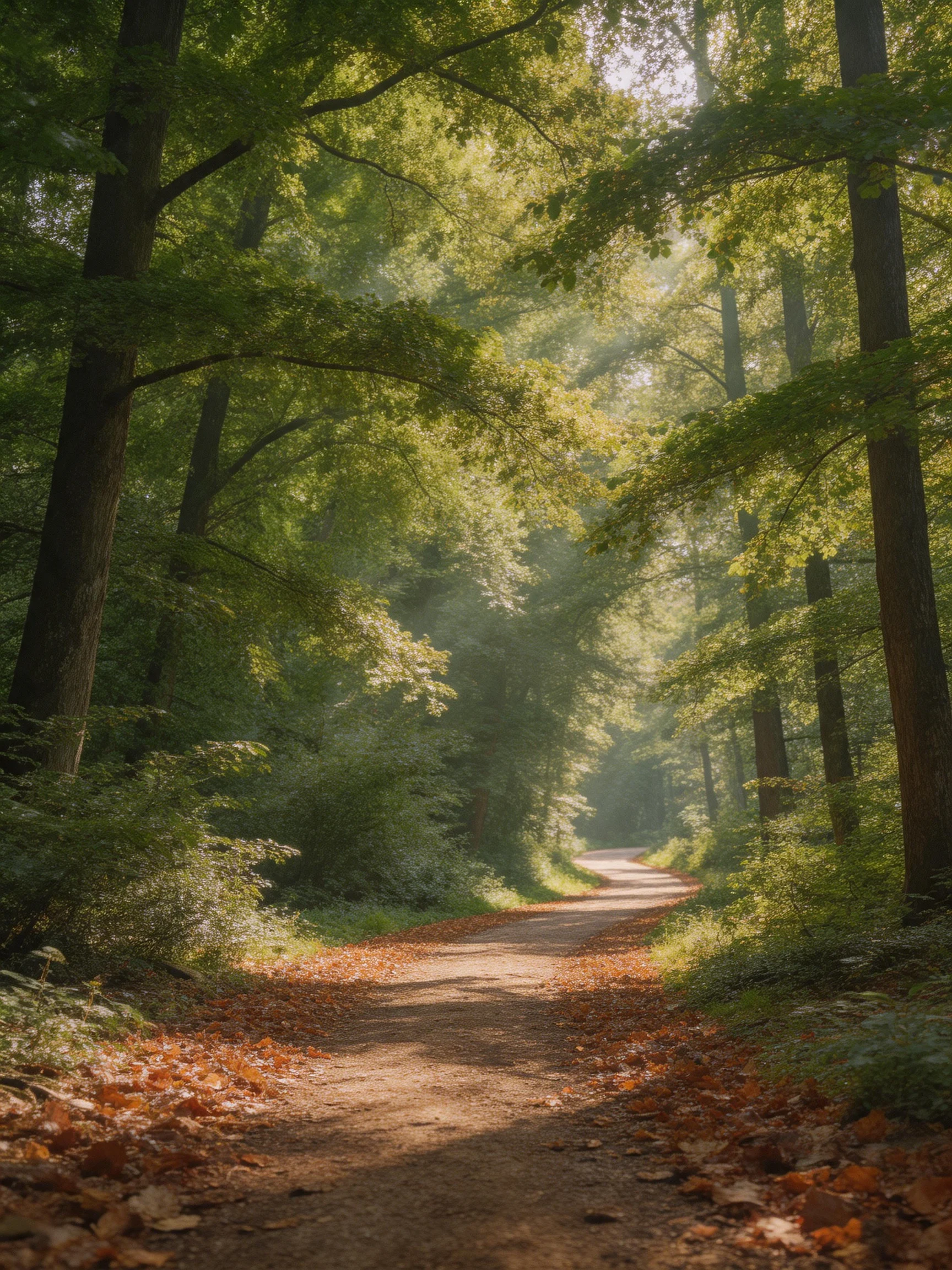 A sun-dappled forest path with tall green trees and orange fallen leaves