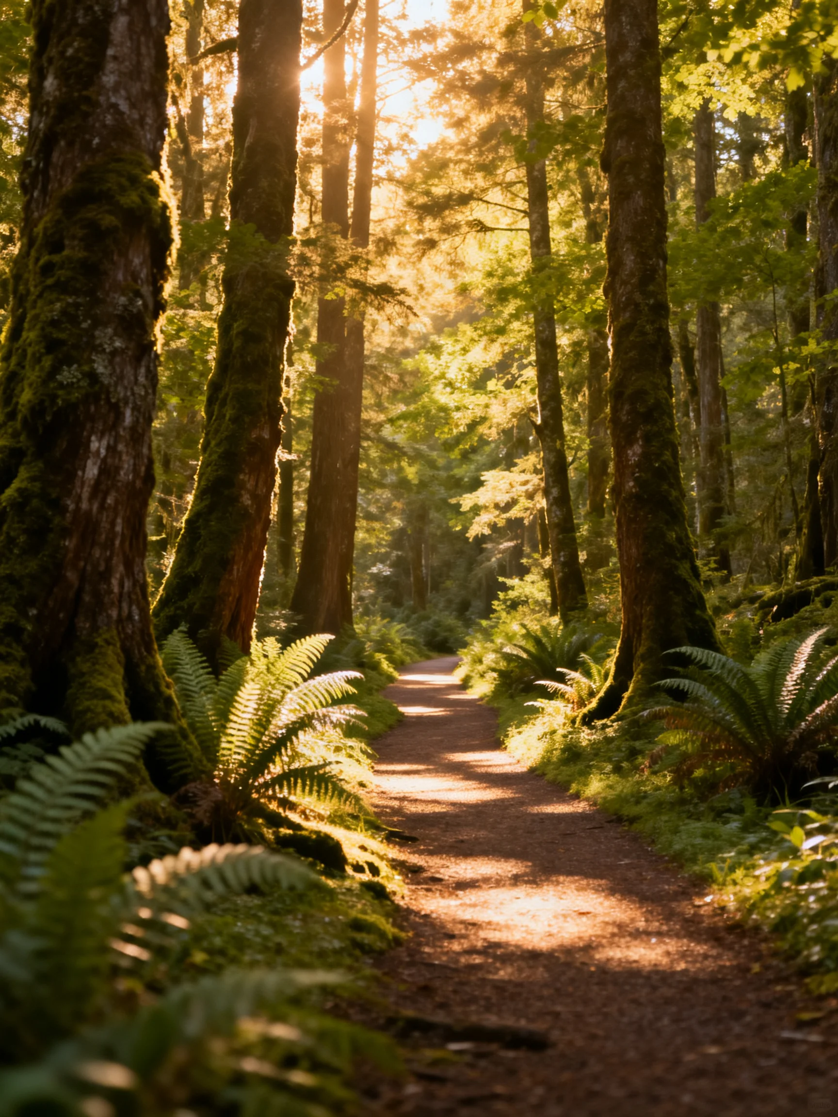 A sun-dappled forest path with towering moss-covered trees