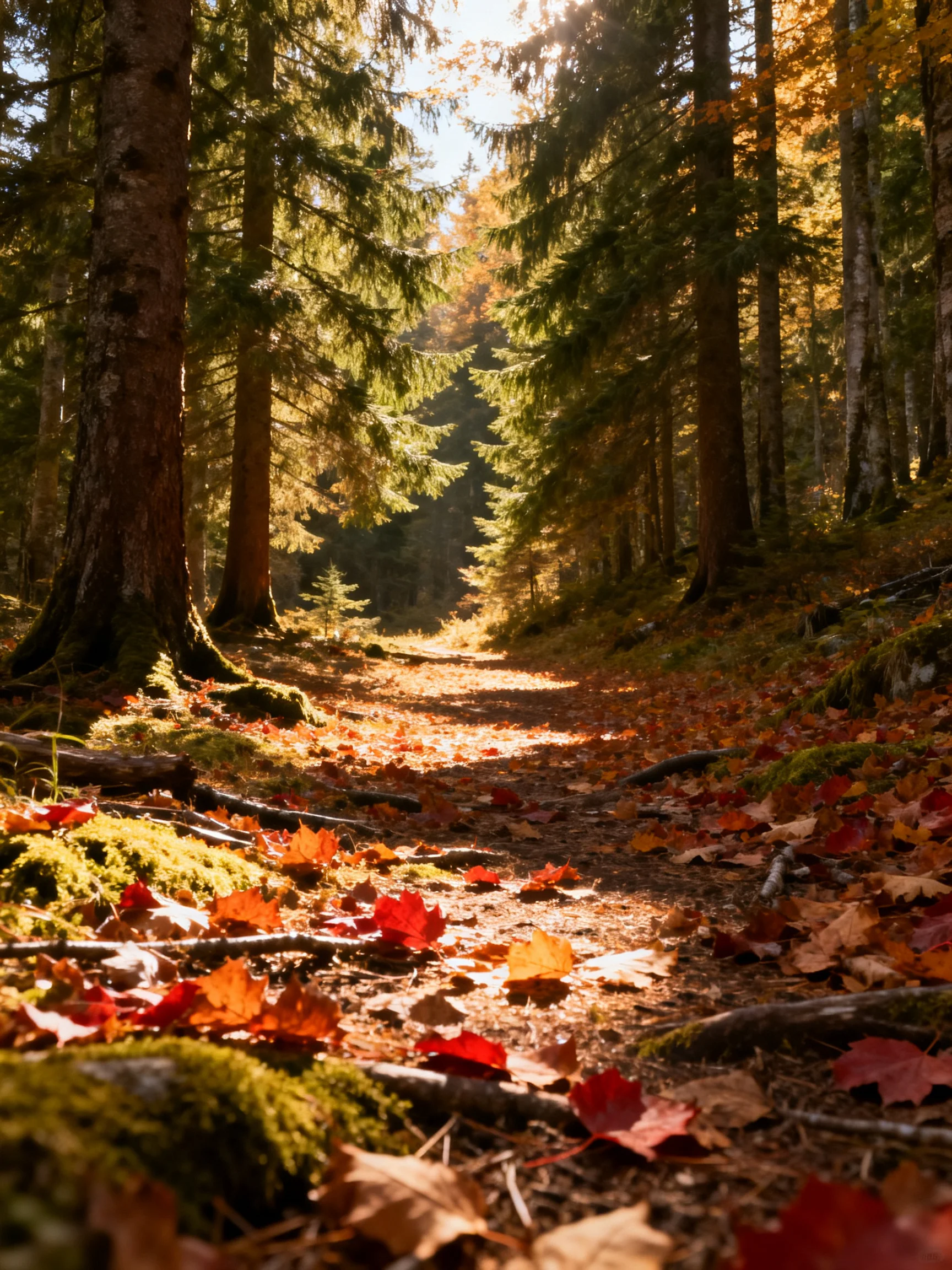A sun-dappled forest path with vibrant fall foliage and towering evergreens