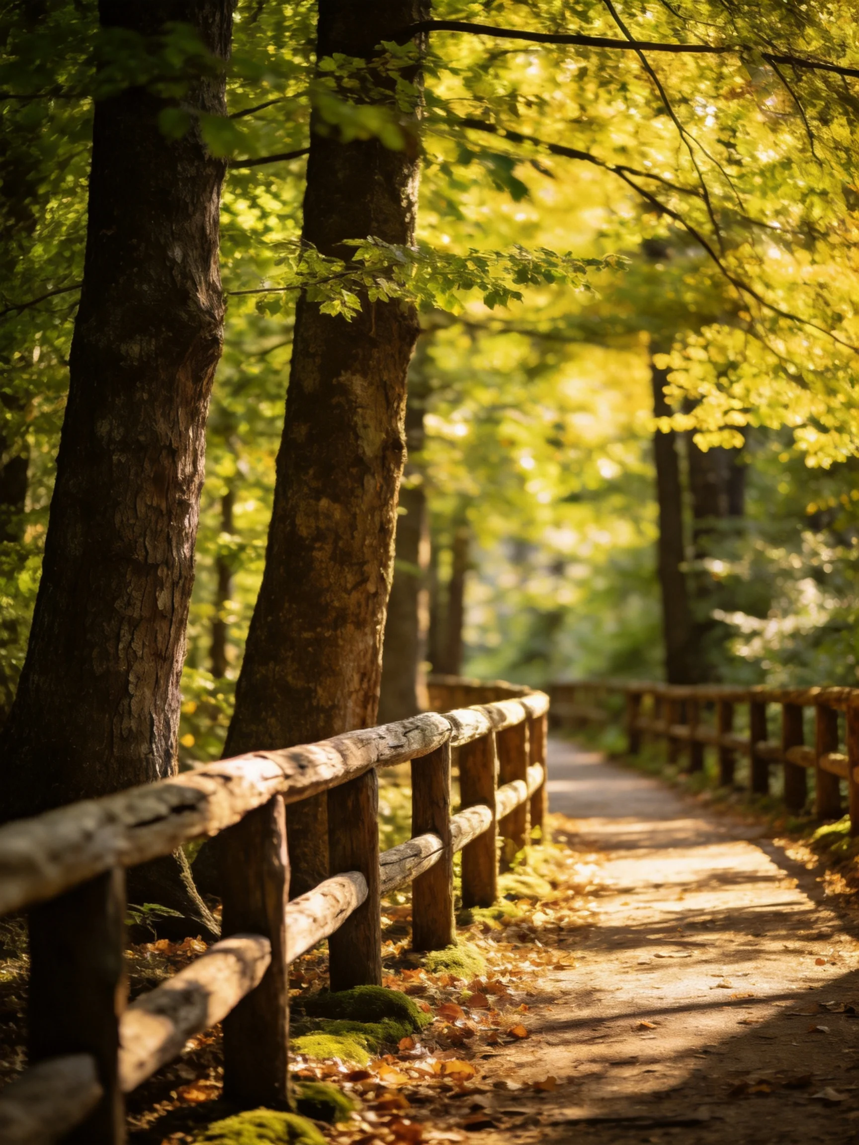 A sun-dappled forest path with wooden railings and tall trees