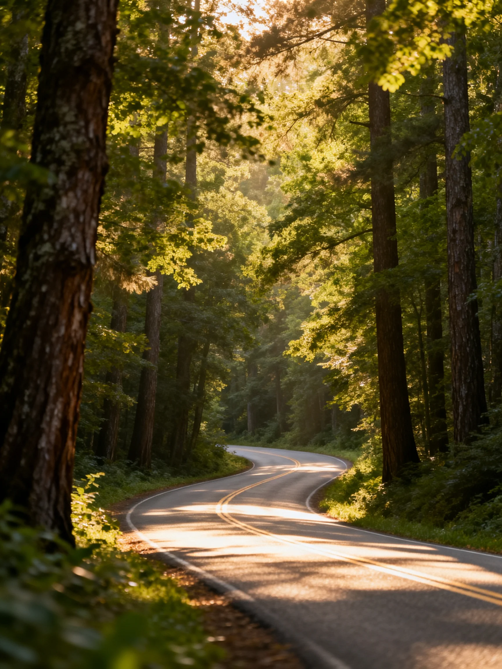 A sun-dappled forest road winds between tall green trees