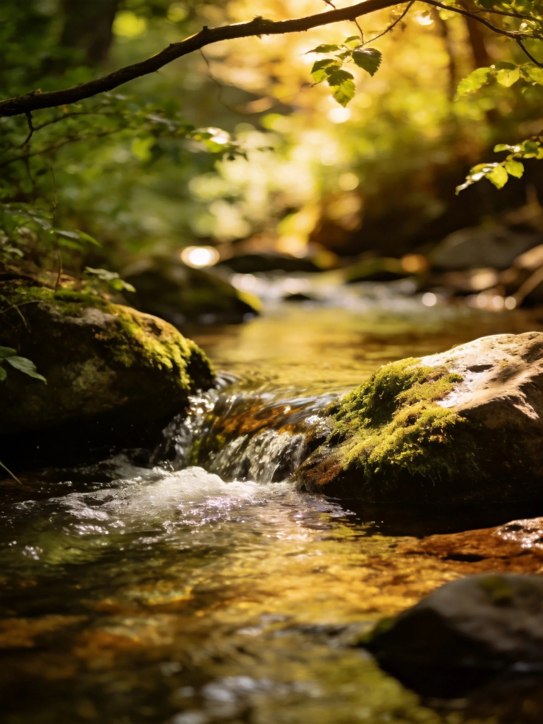 A sun-dappled forest stream flows around moss-covered rocks