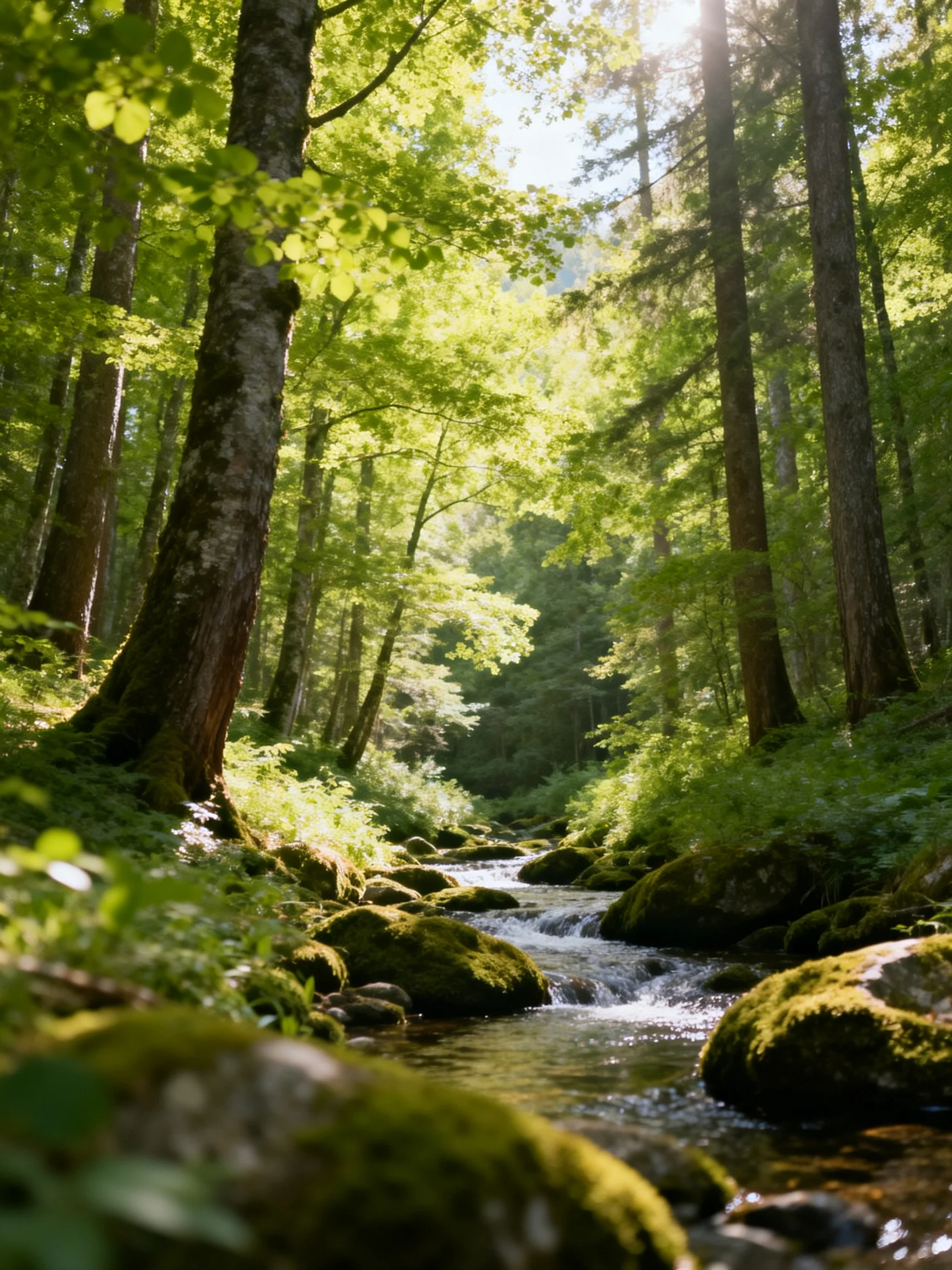 A sun-dappled forest stream flows over moss-covered rocks among tall green trees.
