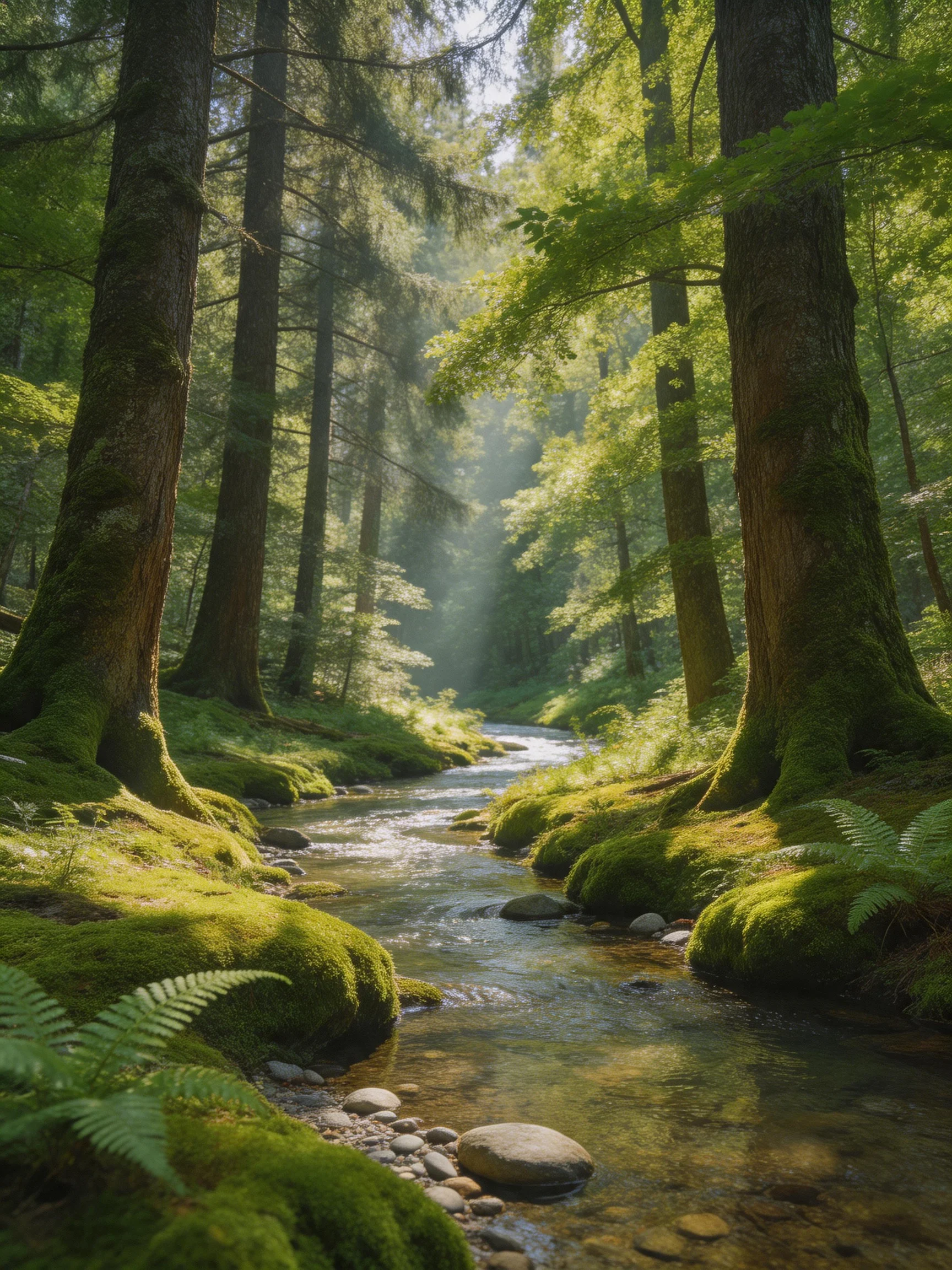 A sun-dappled forest stream flows past moss-covered tall trees