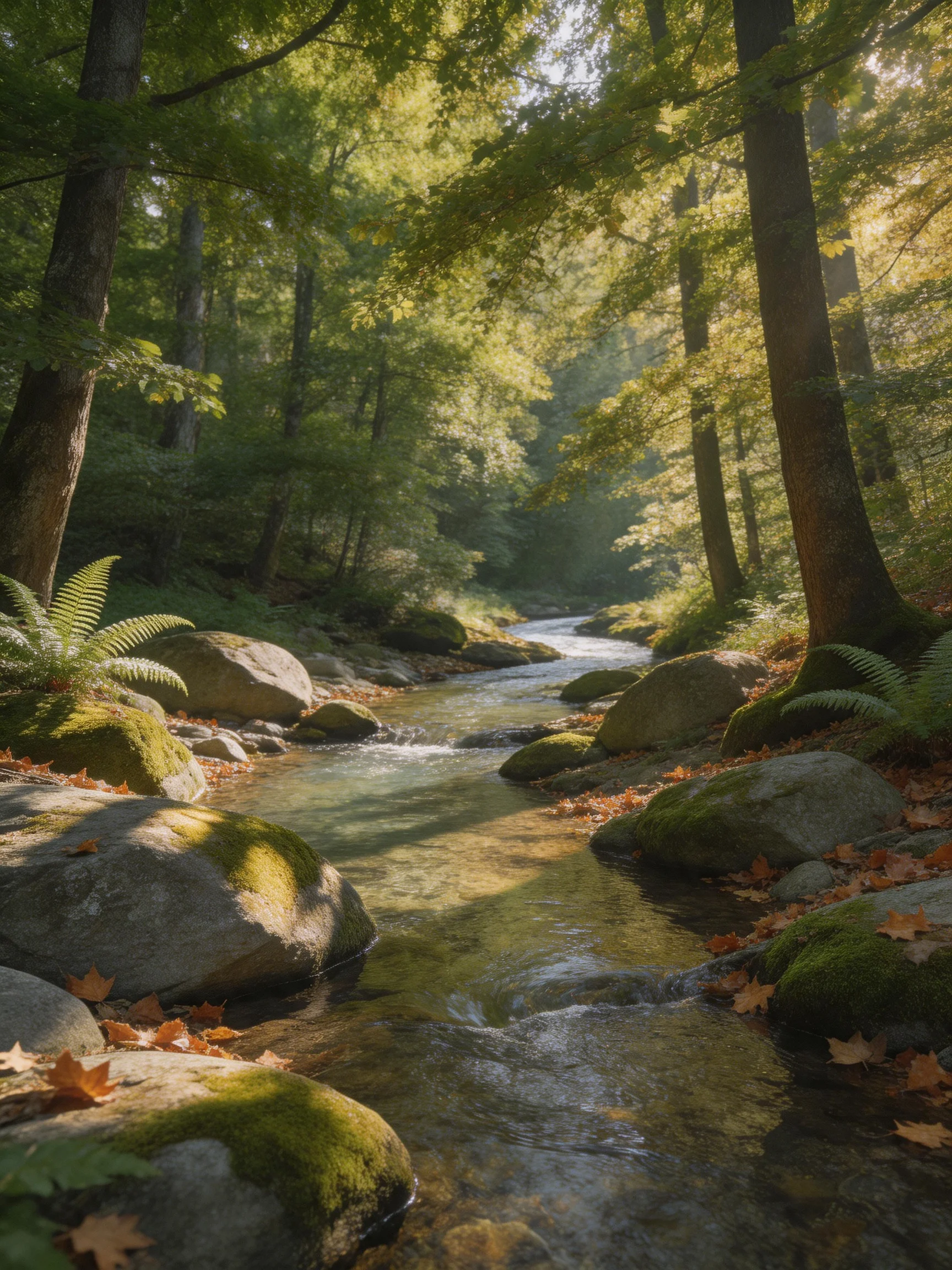 A sun-dappled forest stream winds through moss-covered rocks and ferns