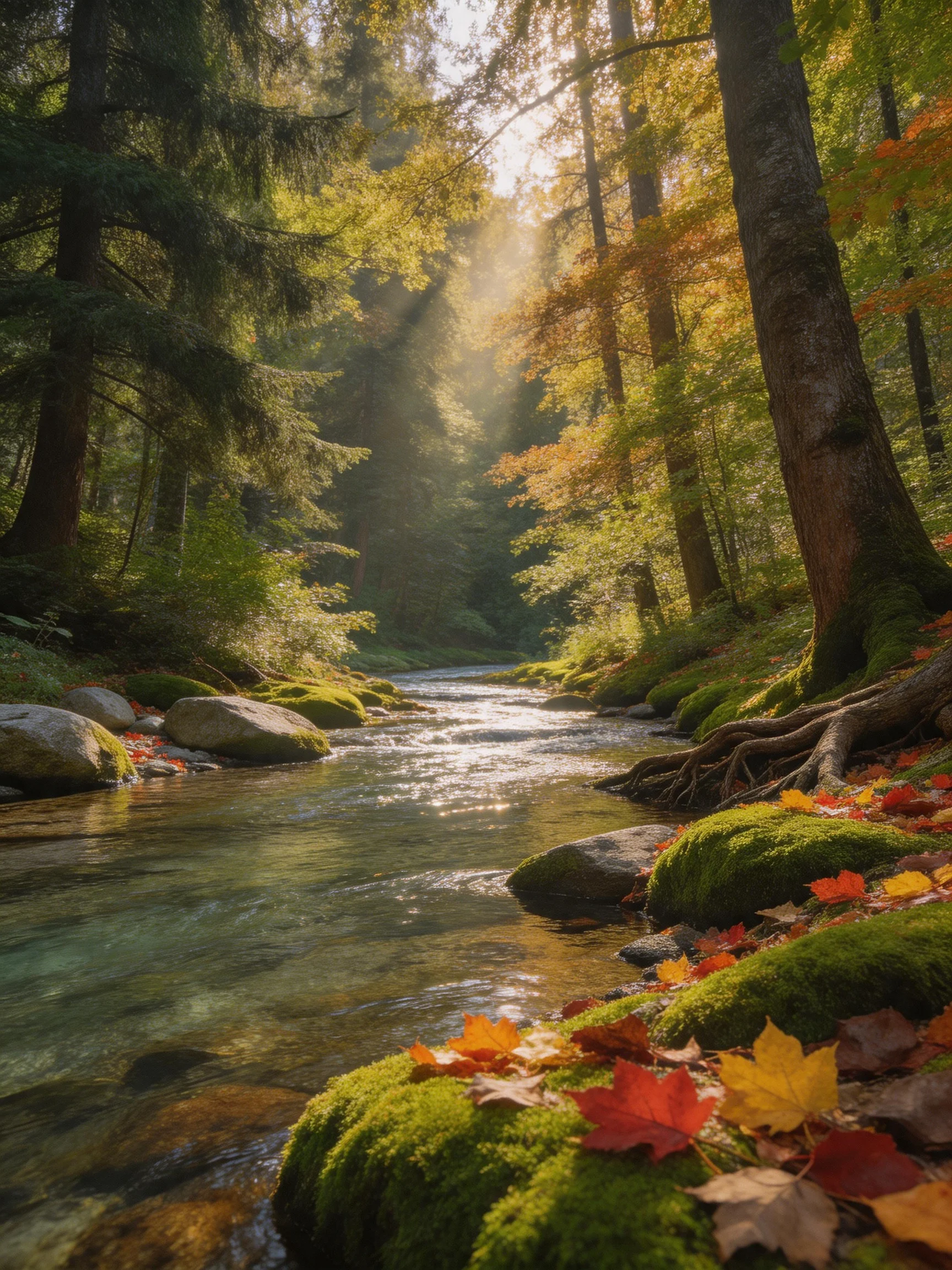 A sun-dappled forest stream with autumn foliage and mossy rocks
