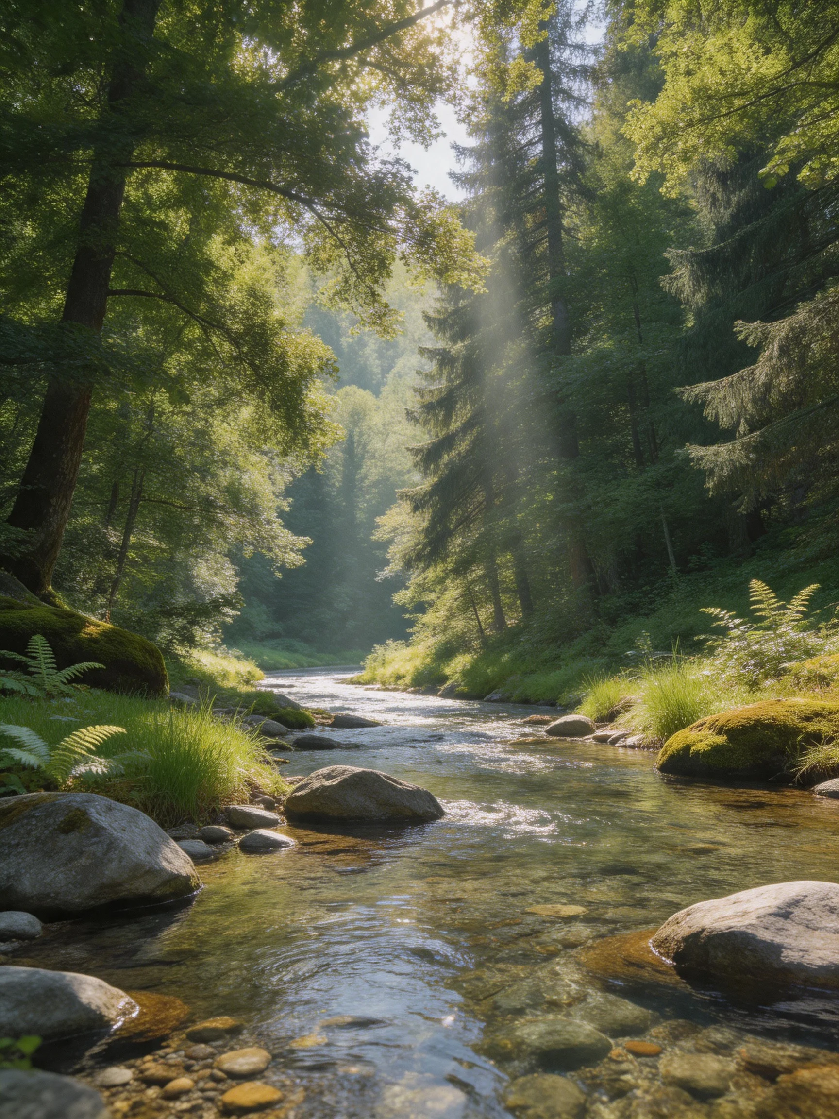 A sun-dappled forest stream with clear water and mossy rocks