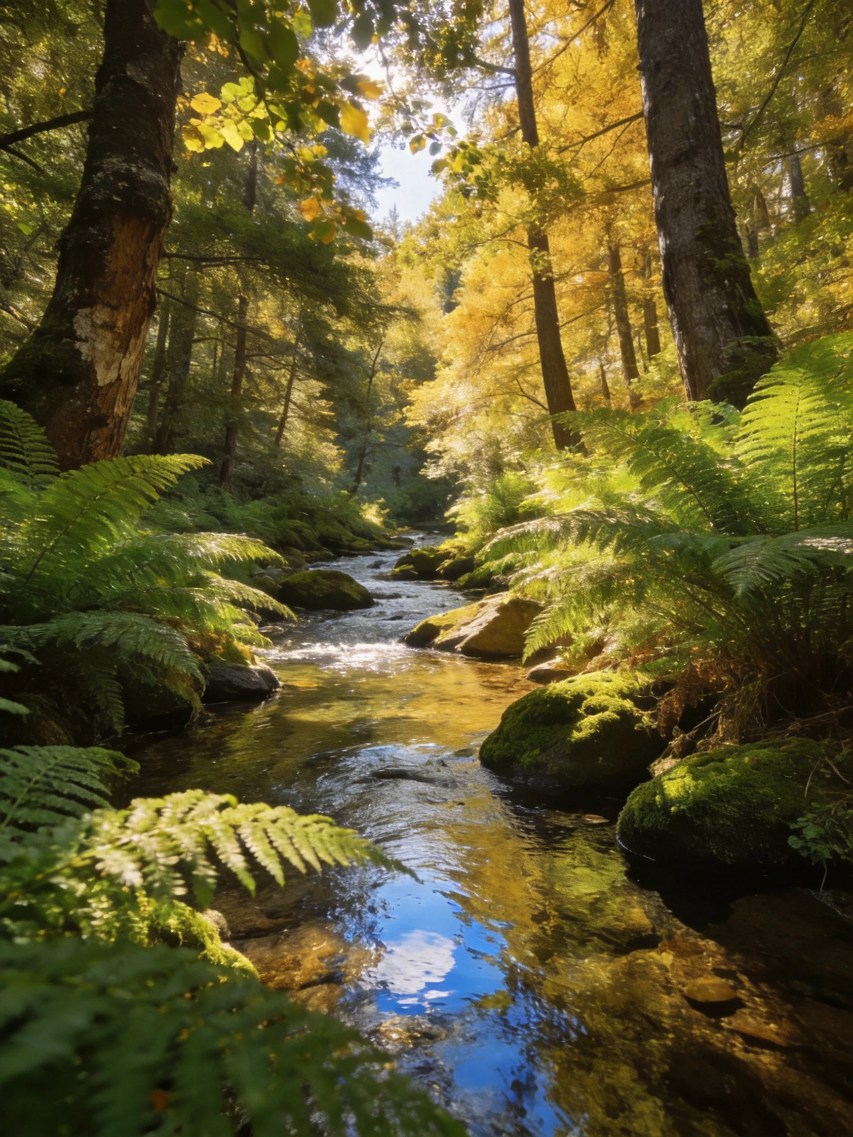 A sun-dappled forest stream with golden foliage and lush ferns