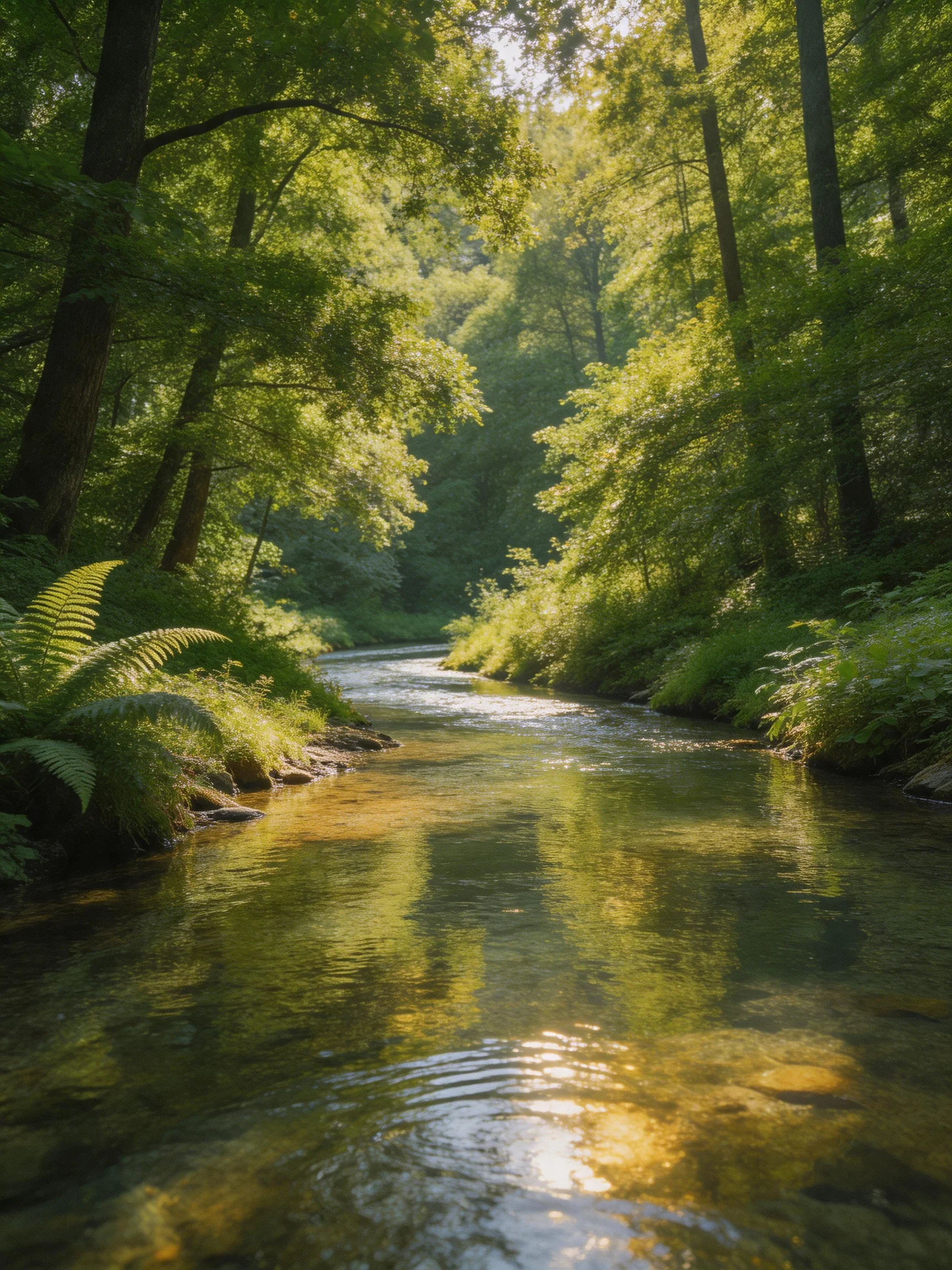 A sun-dappled forest stream with lush green foliage