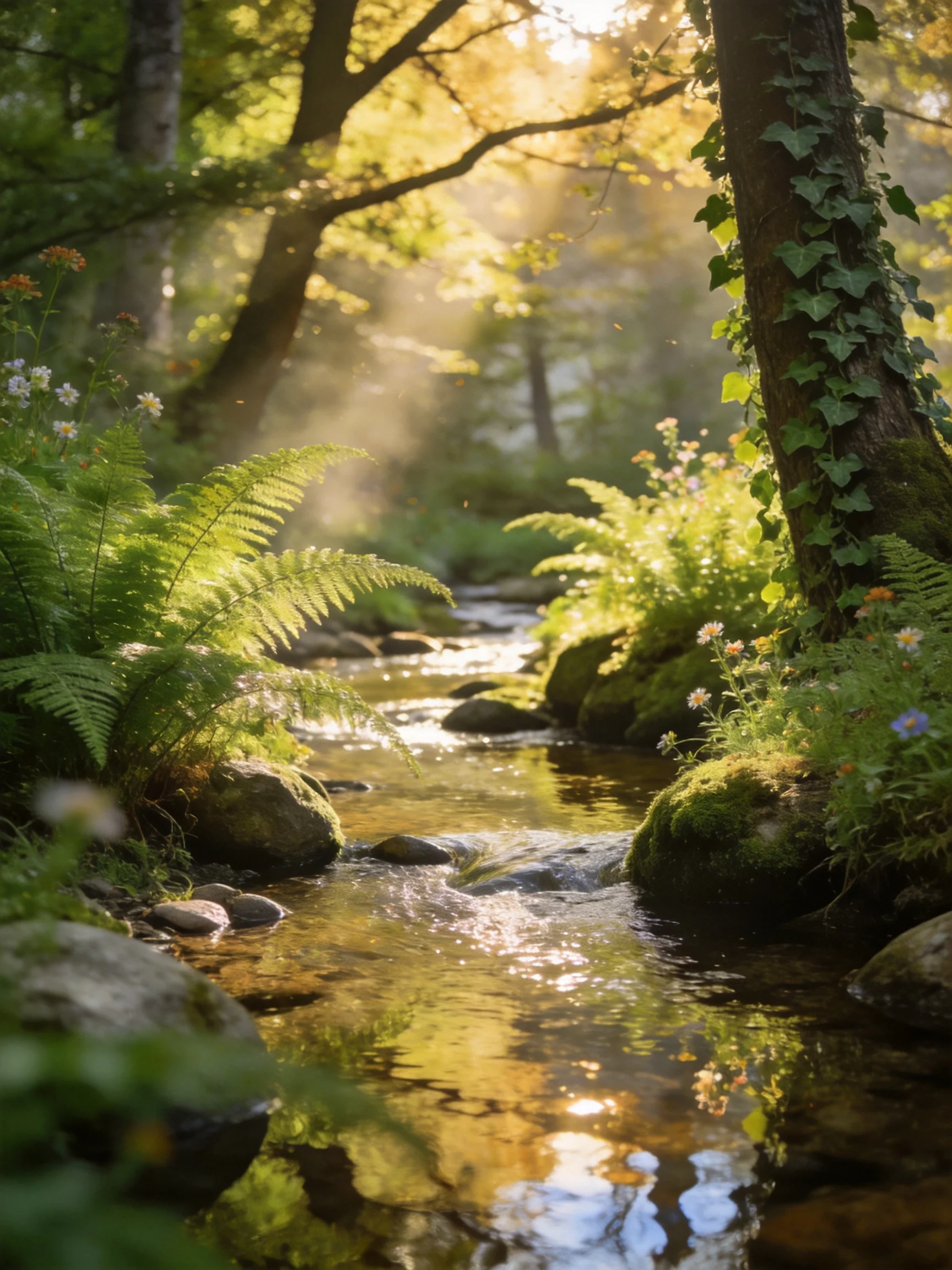 A sun-dappled forest stream with lush greenery and golden light