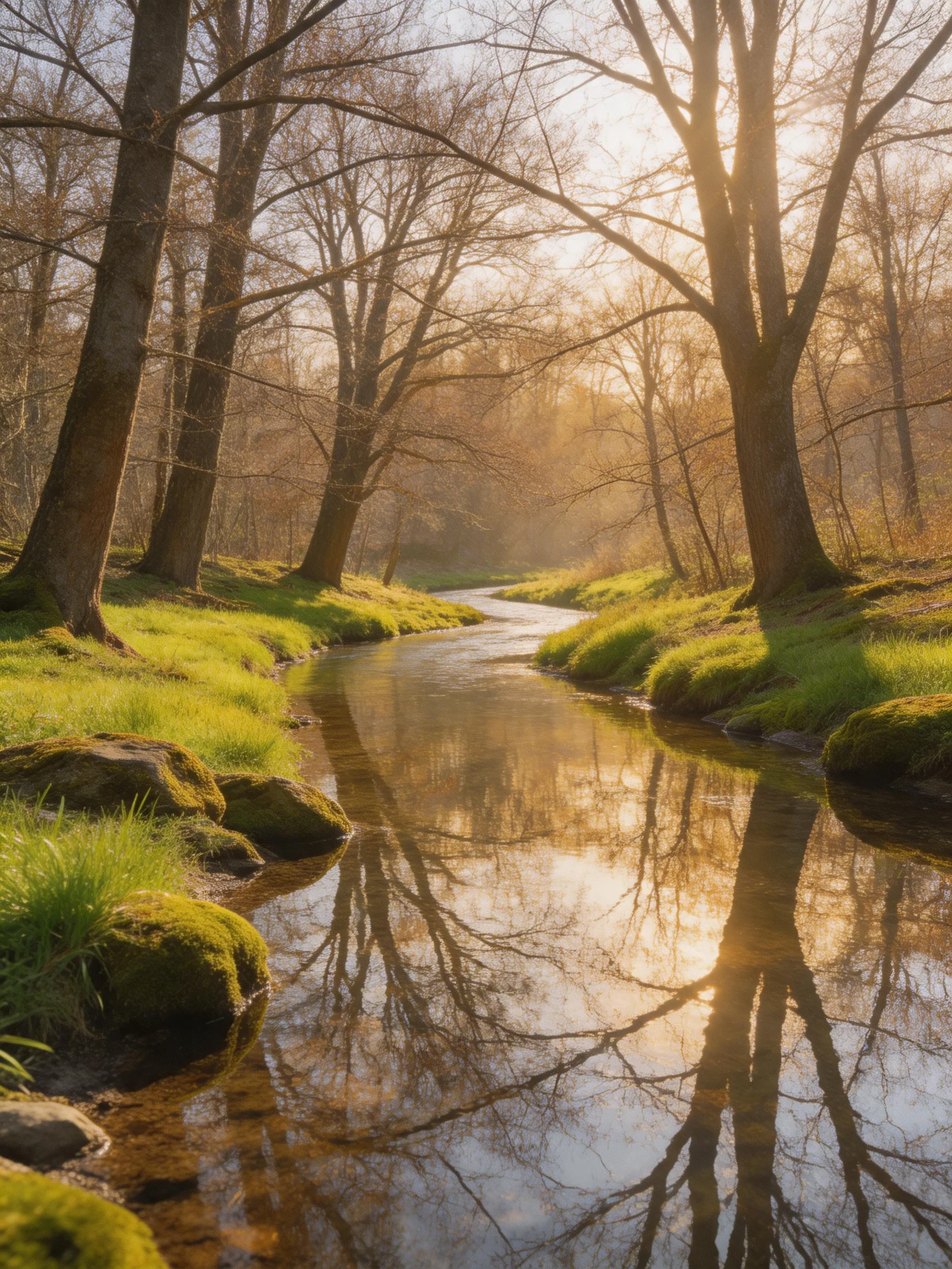 A sun-dappled forest stream with moss-covered banks and bare trees