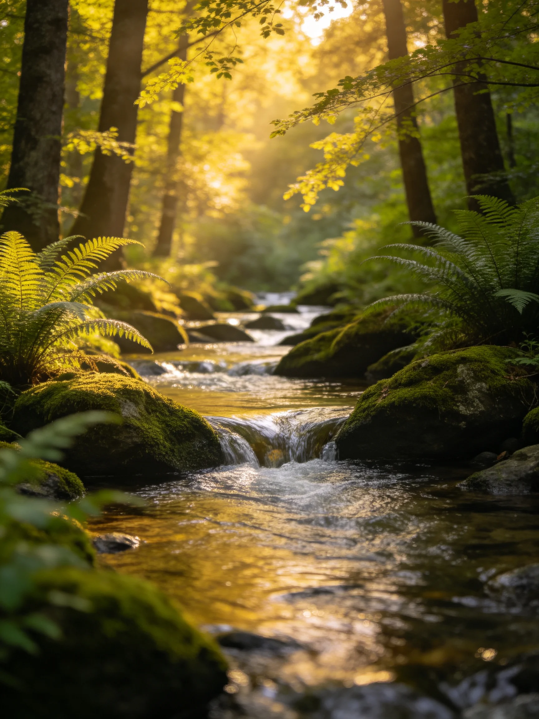 A sun-dappled forest stream with moss-covered rocks and ferns