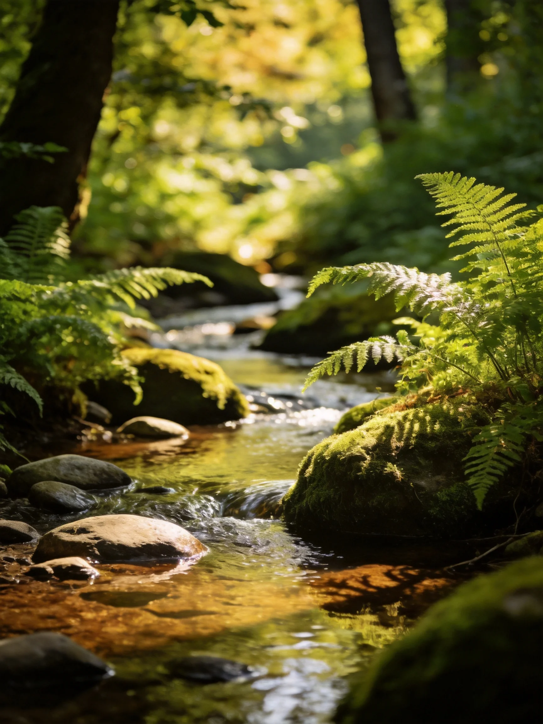 A sun-dappled forest stream with moss-covered rocks and ferns