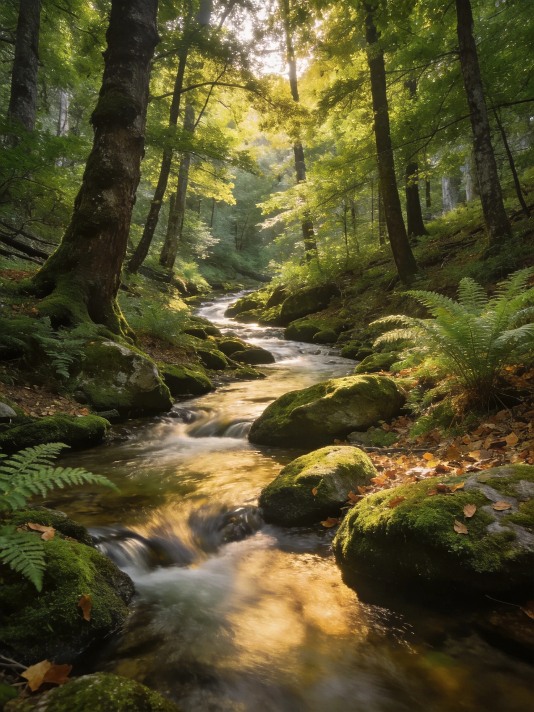 A sun-dappled forest stream with moss-covered rocks and lush ferns