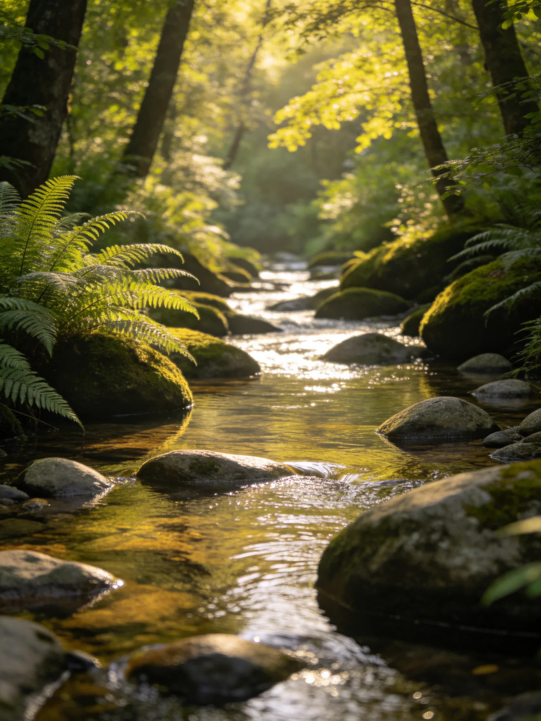 A sun-dappled forest stream with moss-covered rocks and lush ferns