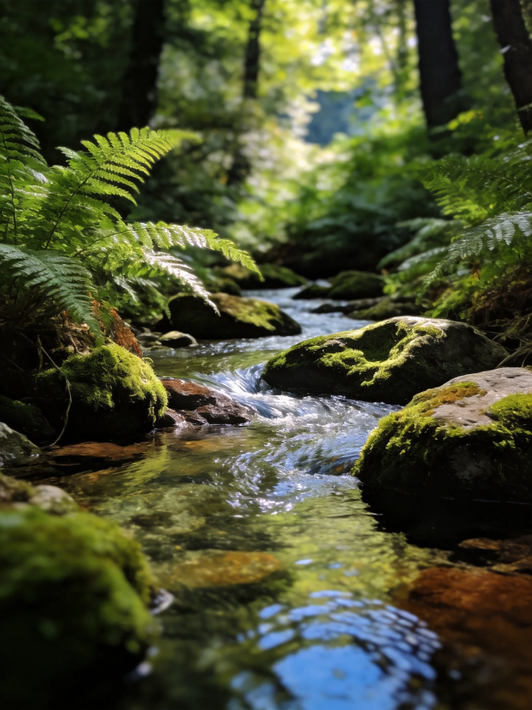 A sun-dappled forest stream with moss-covered rocks and lush ferns