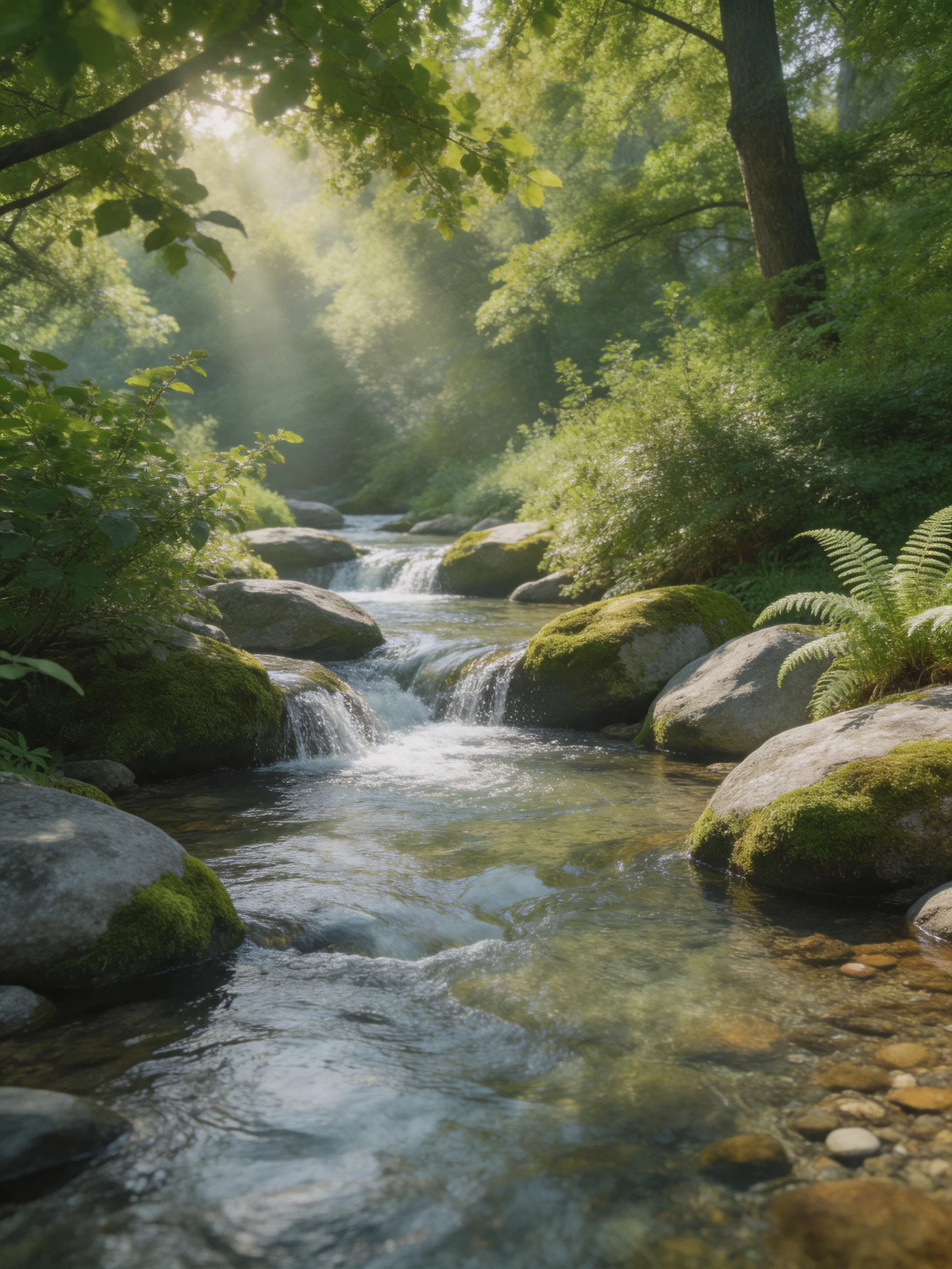 A sun-dappled forest stream with moss-covered rocks and lush greenery