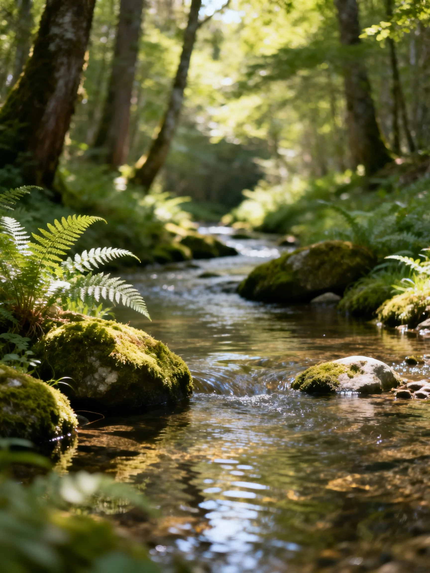 A sun-dappled forest stream with moss-covered rocks and lush greenery