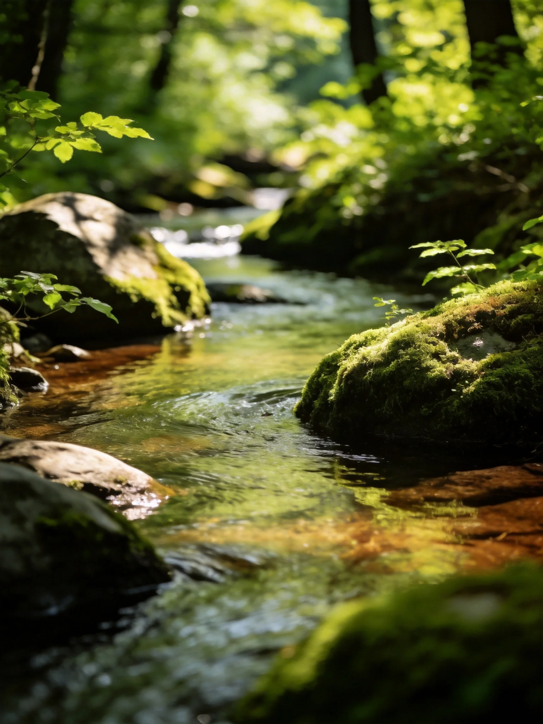 A sun-dappled forest stream with moss-covered rocks and lush greenery