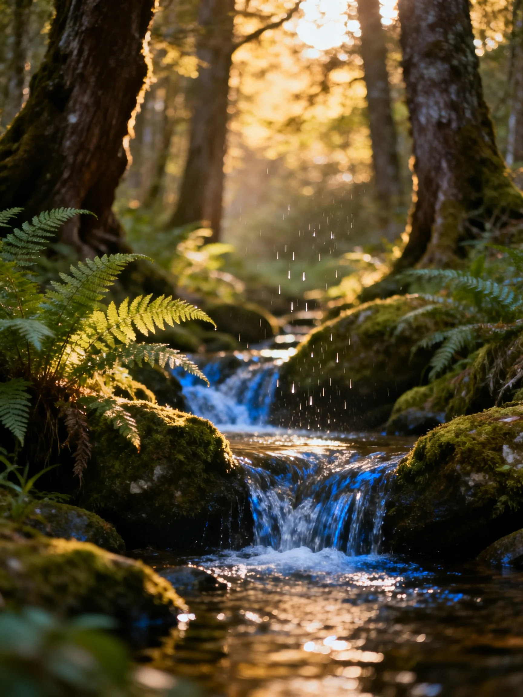 A sun-dappled forest stream with mossy rocks and ferns