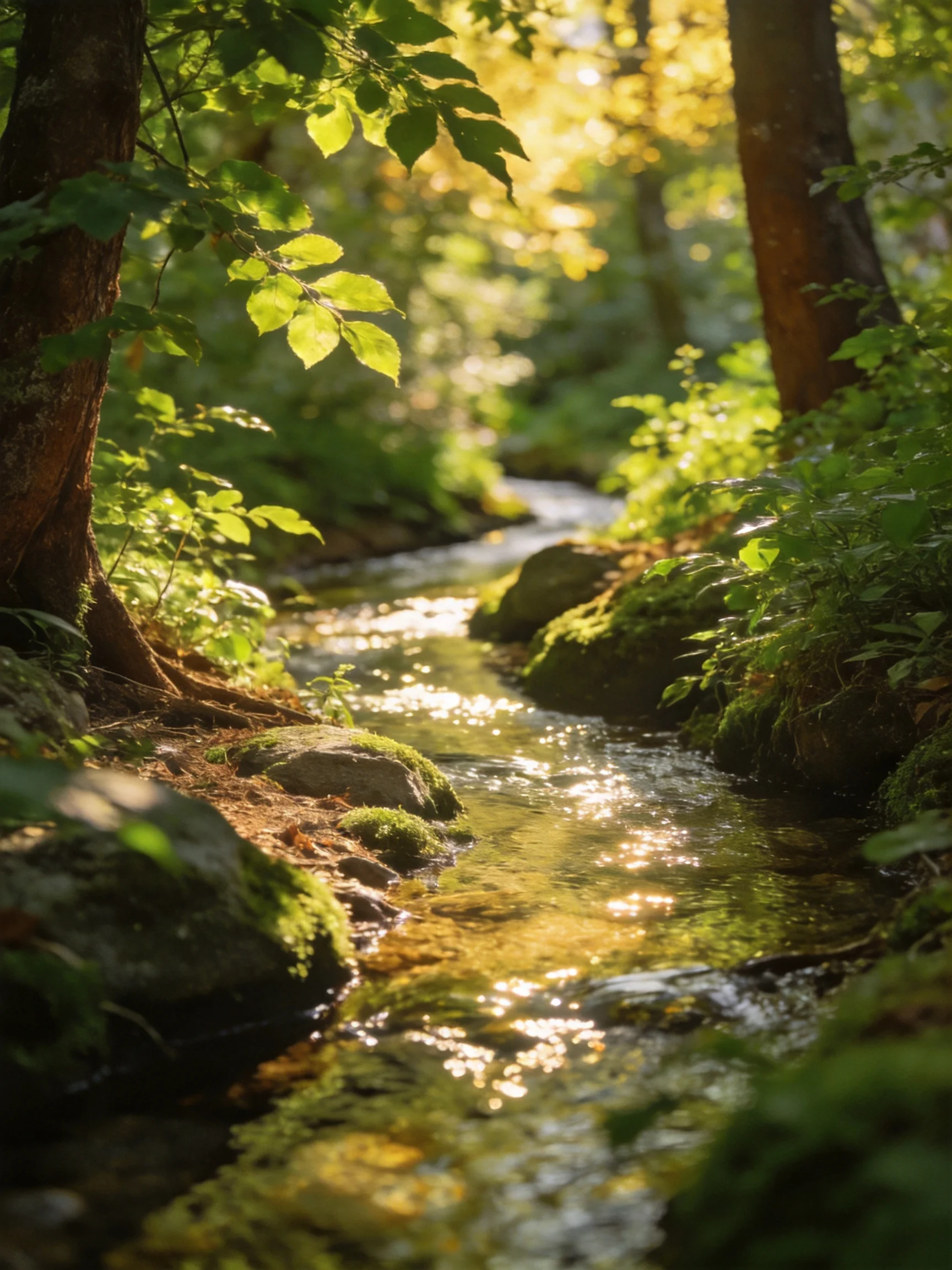A sun-dappled forest stream with mossy rocks and lush foliage