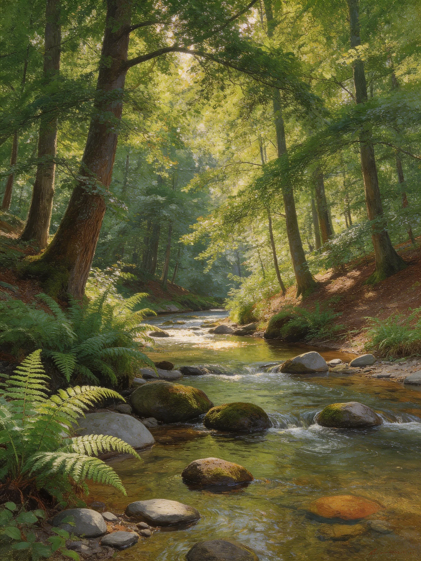 A sun-dappled forest stream with mossy rocks and lush greenery
