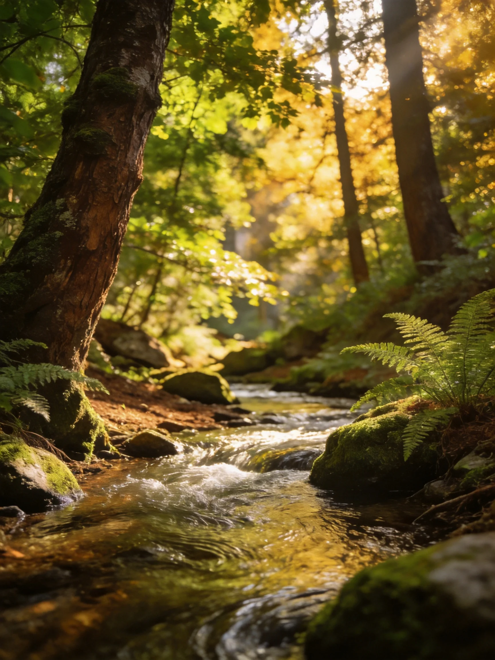 A sun-dappled forest stream with mossy rocks and tall trees