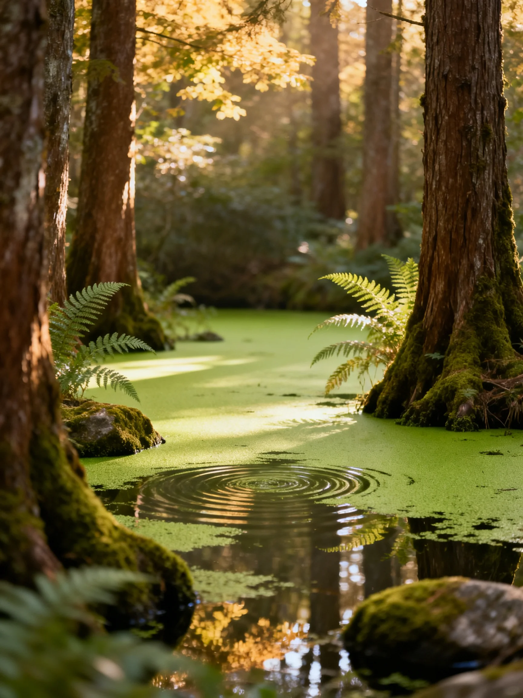 A sun-dappled forest swamp with moss-covered trees and green water