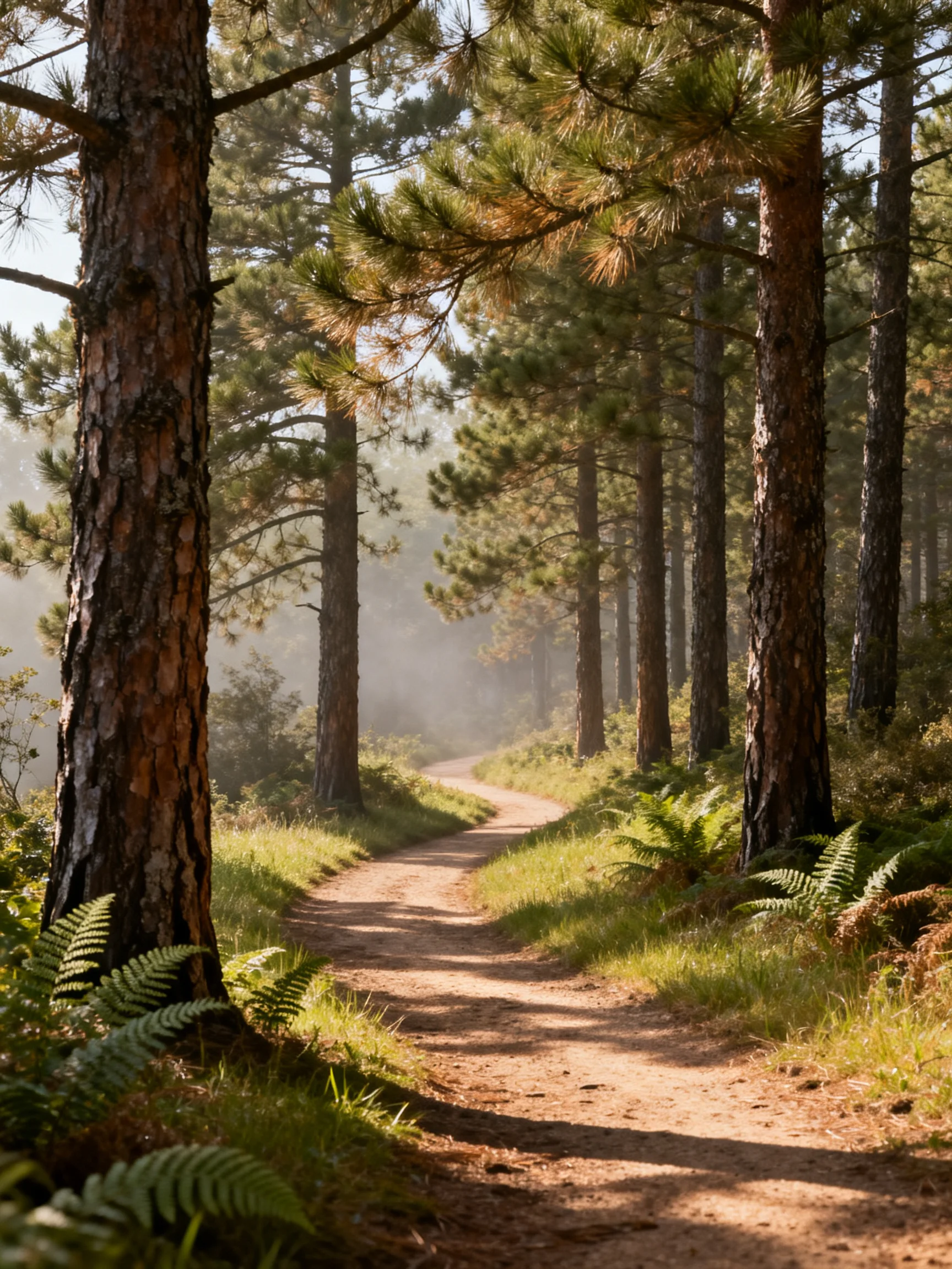 A sun-dappled forest trail lined with tall pine trees