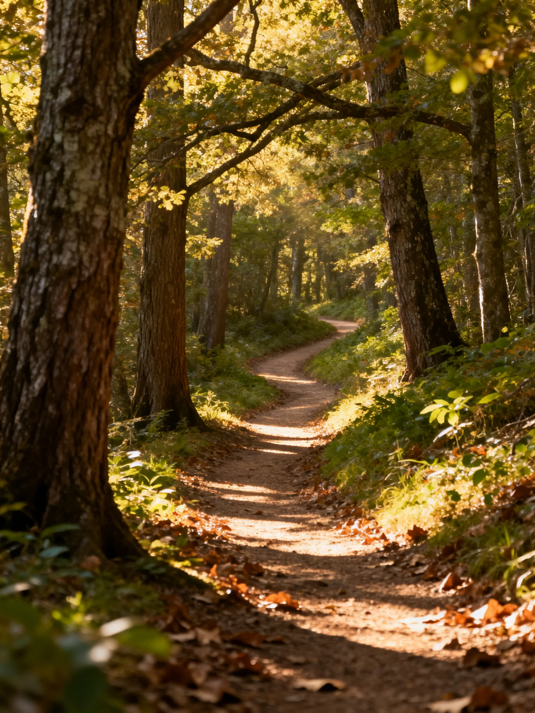 A sun-dappled forest trail winding through tall brown-trunked trees