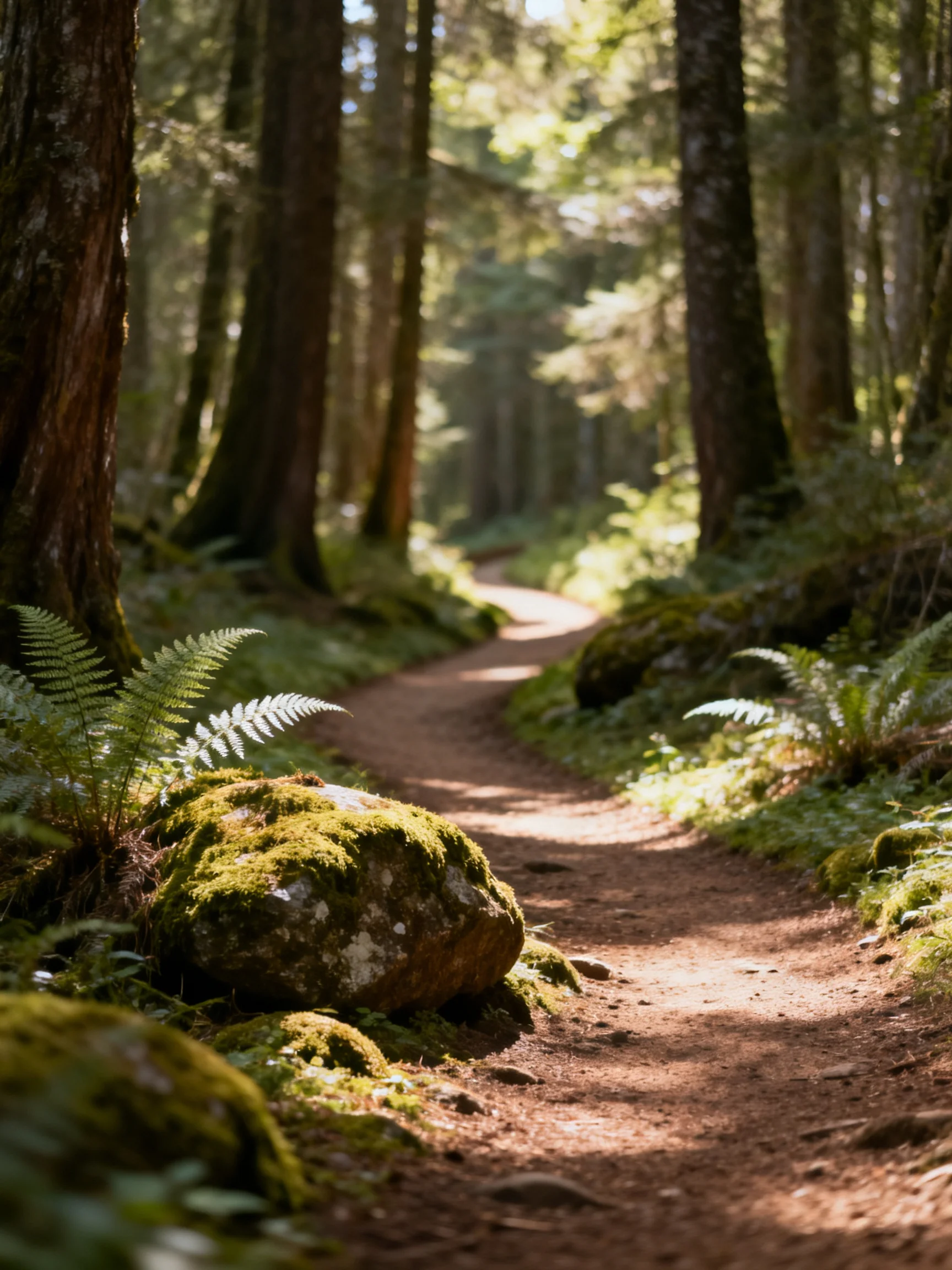 A sun-dappled forest trail with moss-covered rocks and ferns