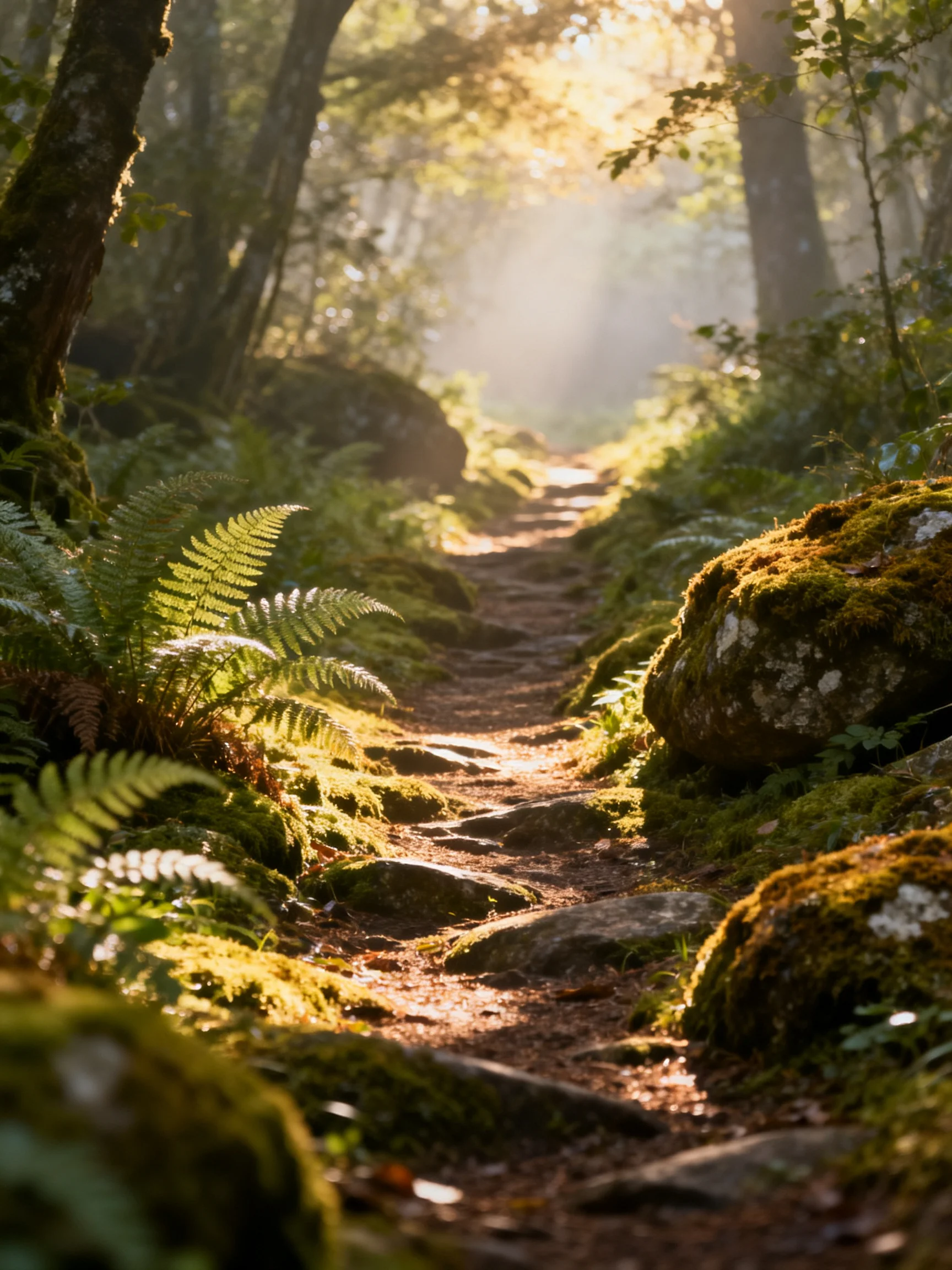 A sun-dappled forest trail with moss-covered rocks and lush ferns