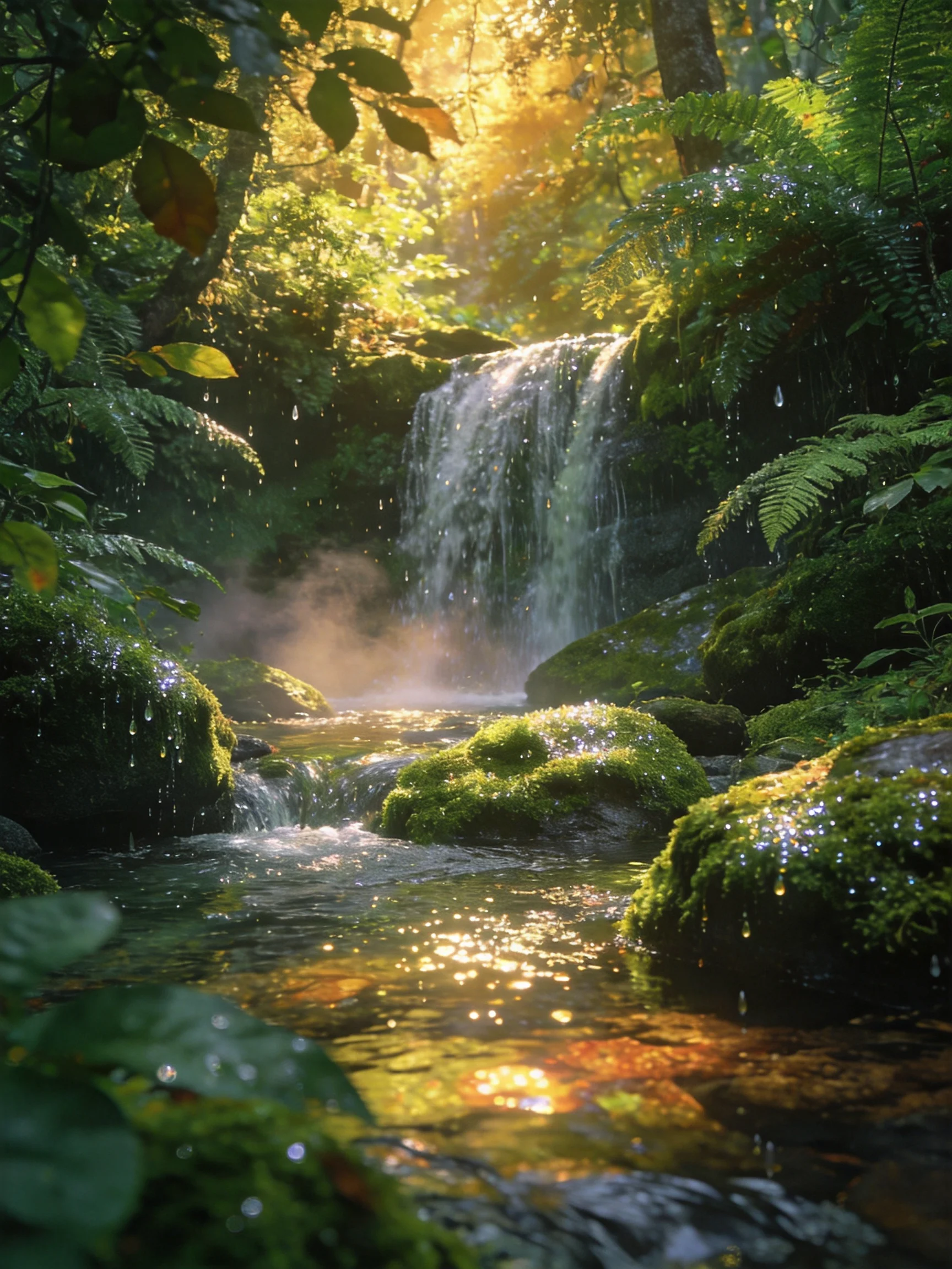 A sun-dappled forest waterfall with vibrant green moss and glistening water
