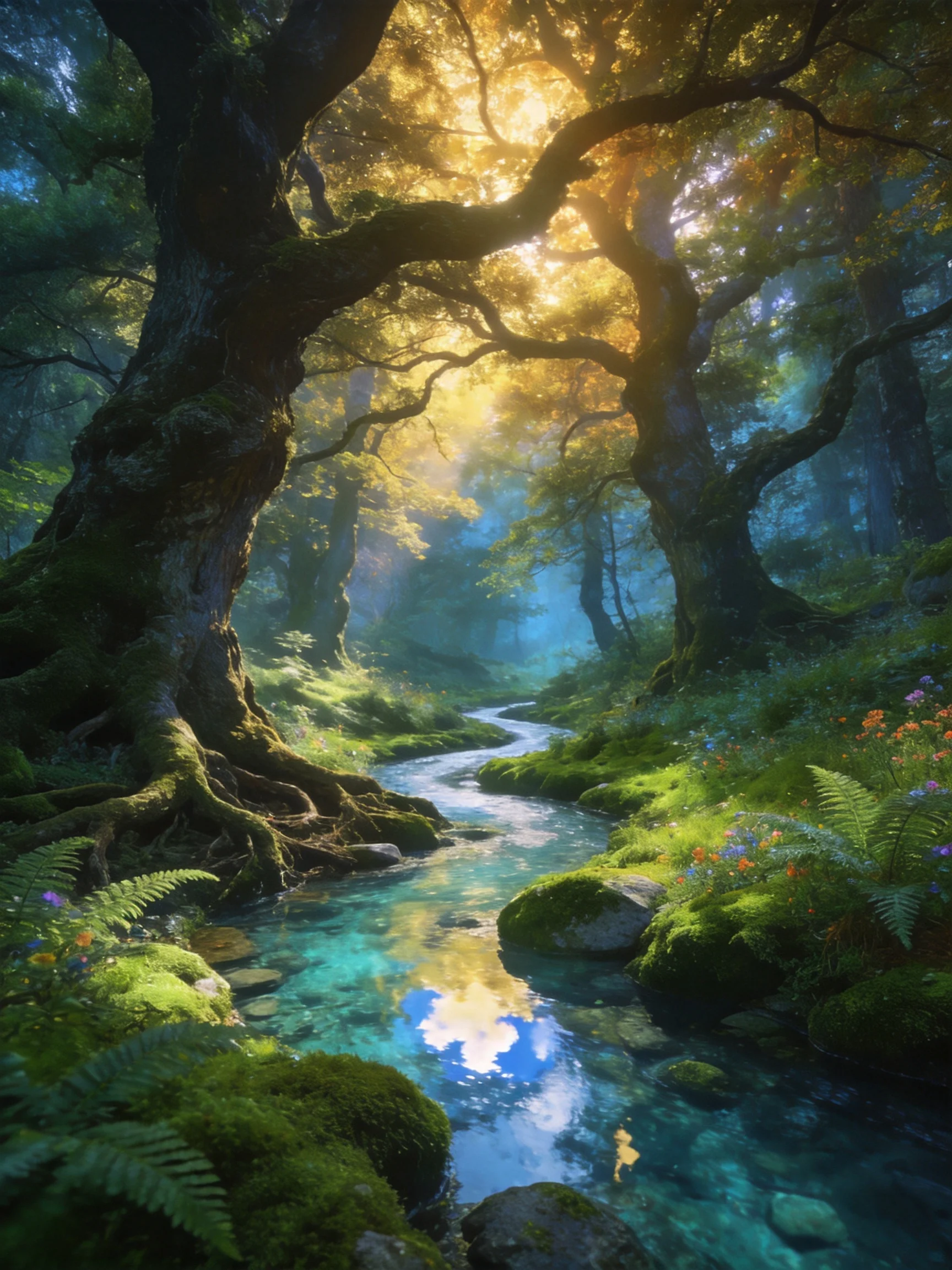 A sun-dappled forest with ancient trees and a winding stream