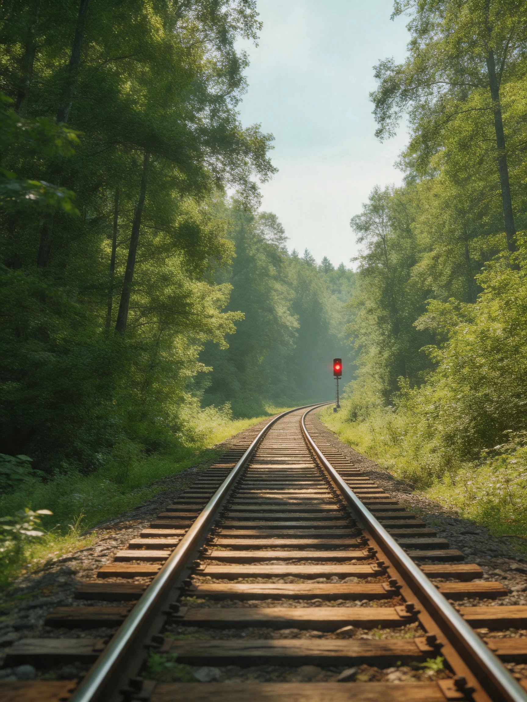 A sun-dappled forest with curving railroad tracks and red signal