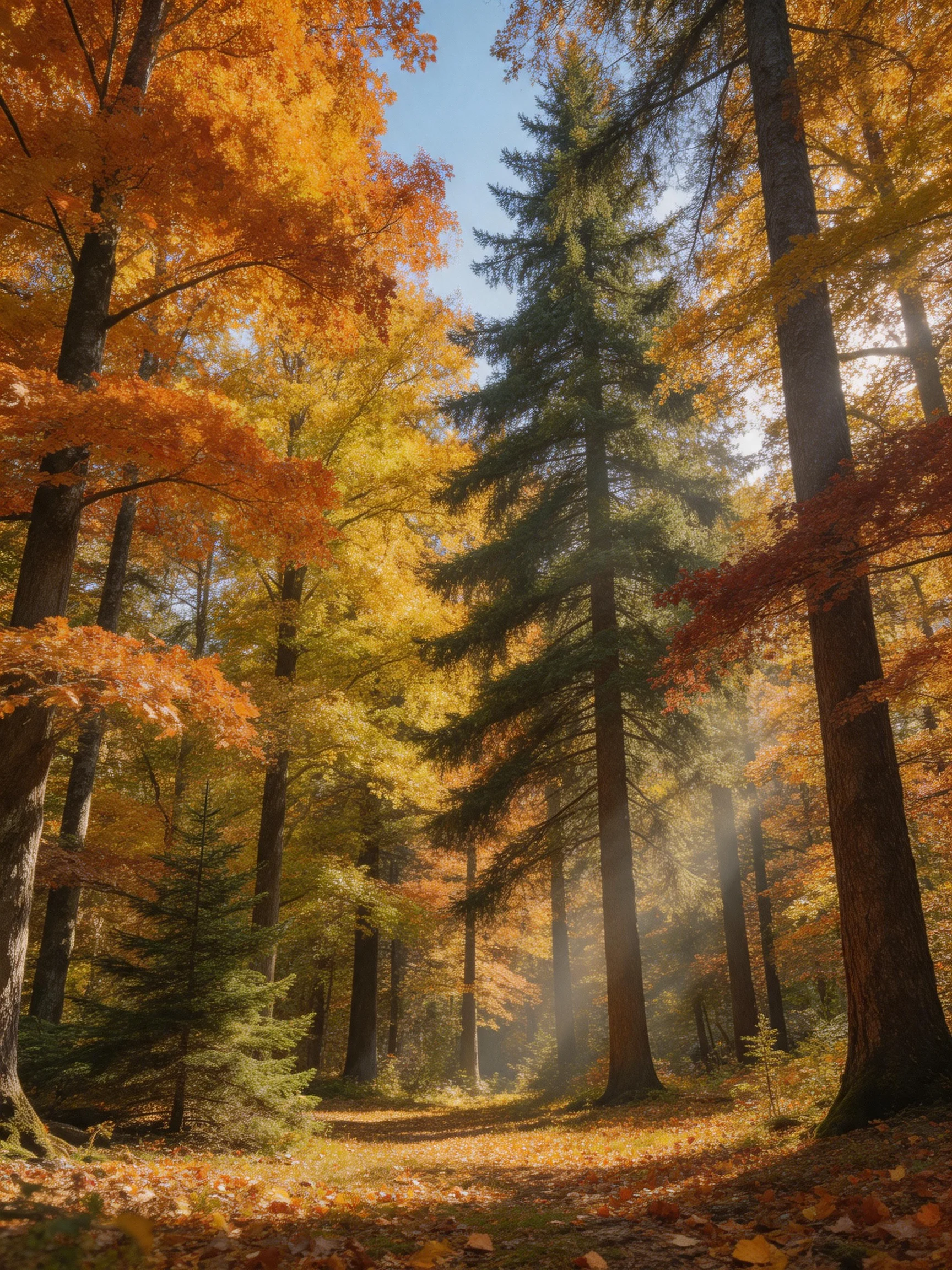 A sun-dappled forest with golden, crimson, and evergreen trees
