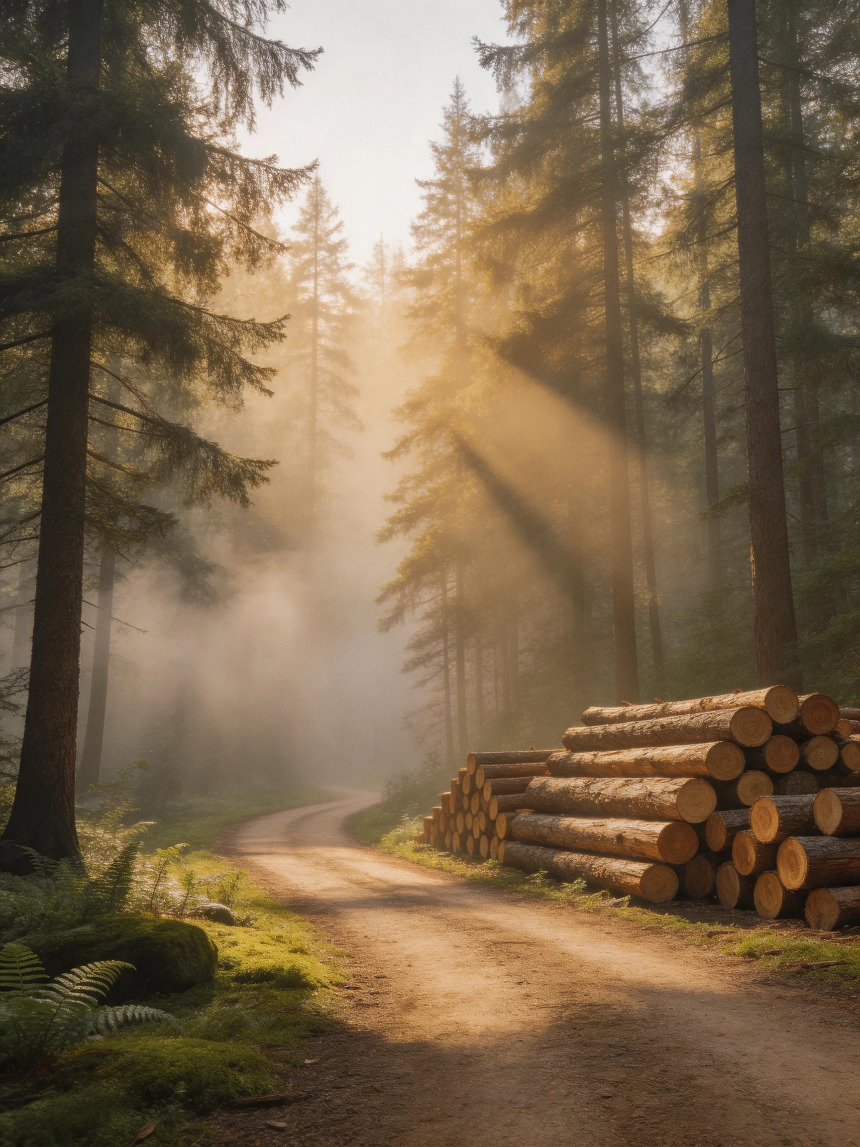 A sun-dappled forest with numerous stacked logs along a winding dirt path