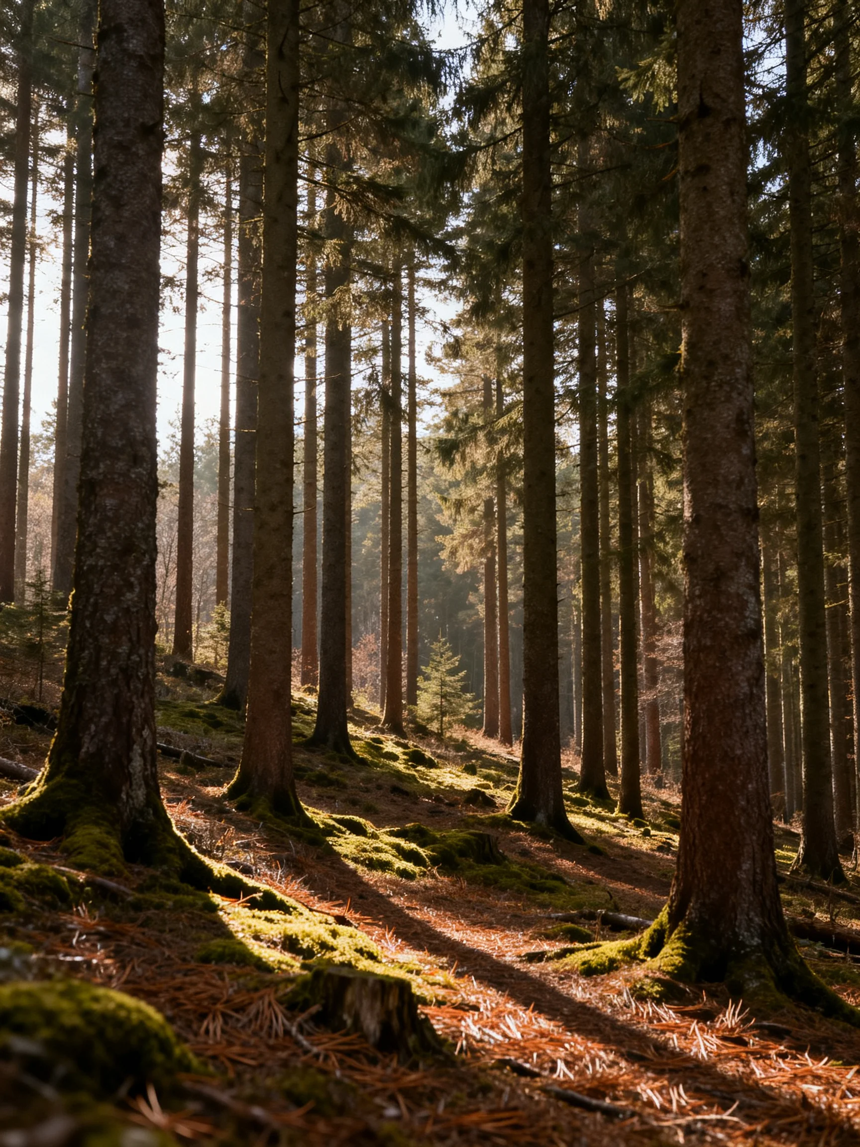 A sun-dappled forest with tall evergreen trees and mossy ground
